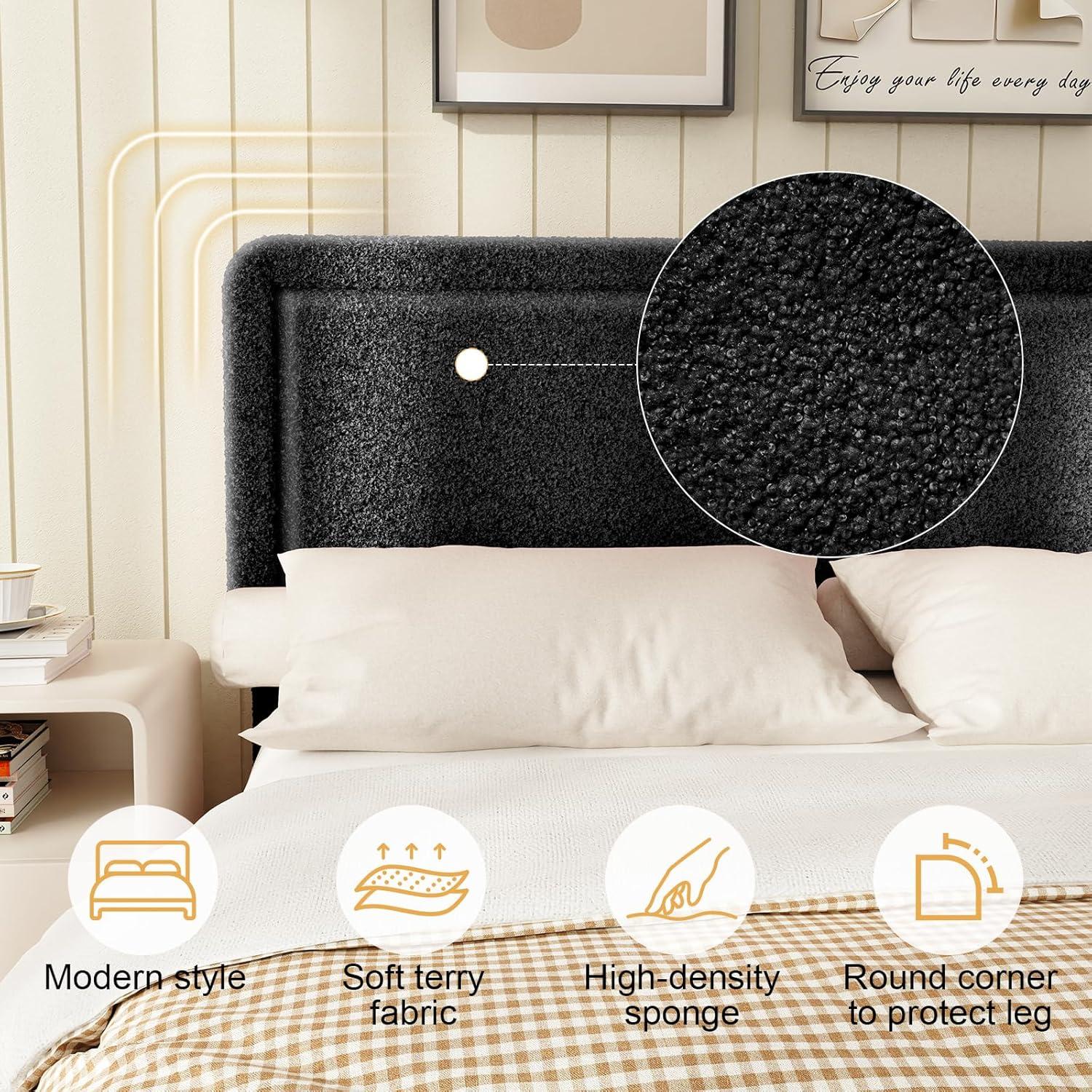 Queen Size Boucle Bed Frame, Upholstered Cloud Bed Frame with Adjustable Headboard, Soft Rounded Corners, No Box Spring Required, Easy Assembly, Black