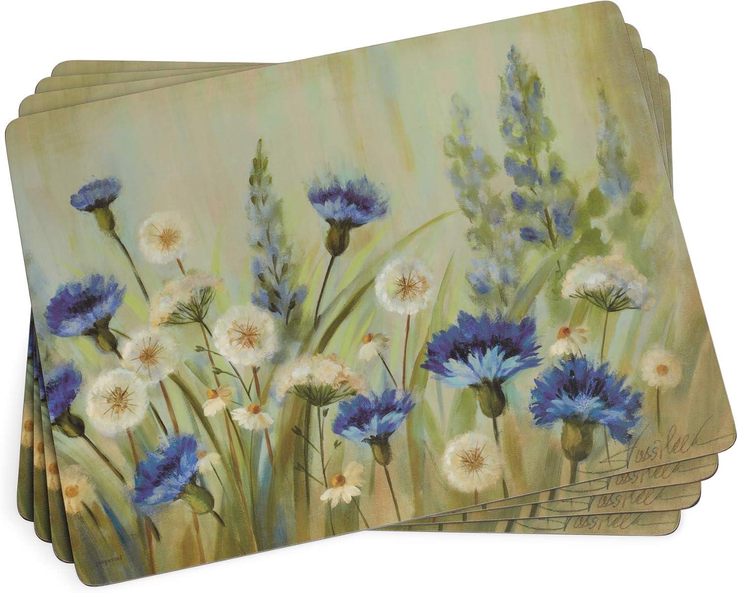 Fleur Des Champs Blue and White Floral Hardboard Placemats, Set of 4