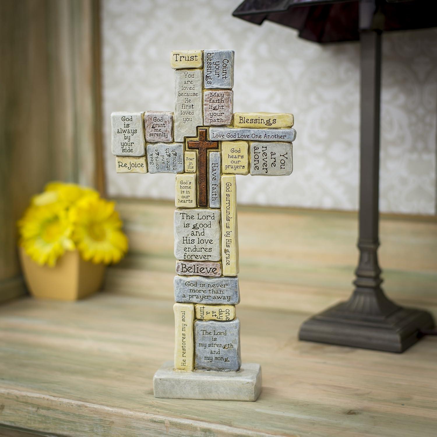 Home Decor Crossword Table Cross  -  One Cross 12.5 Inches -  Believe Trust Rejoice Spiritual  -  46420  -  Polyresin  -  Multicolored