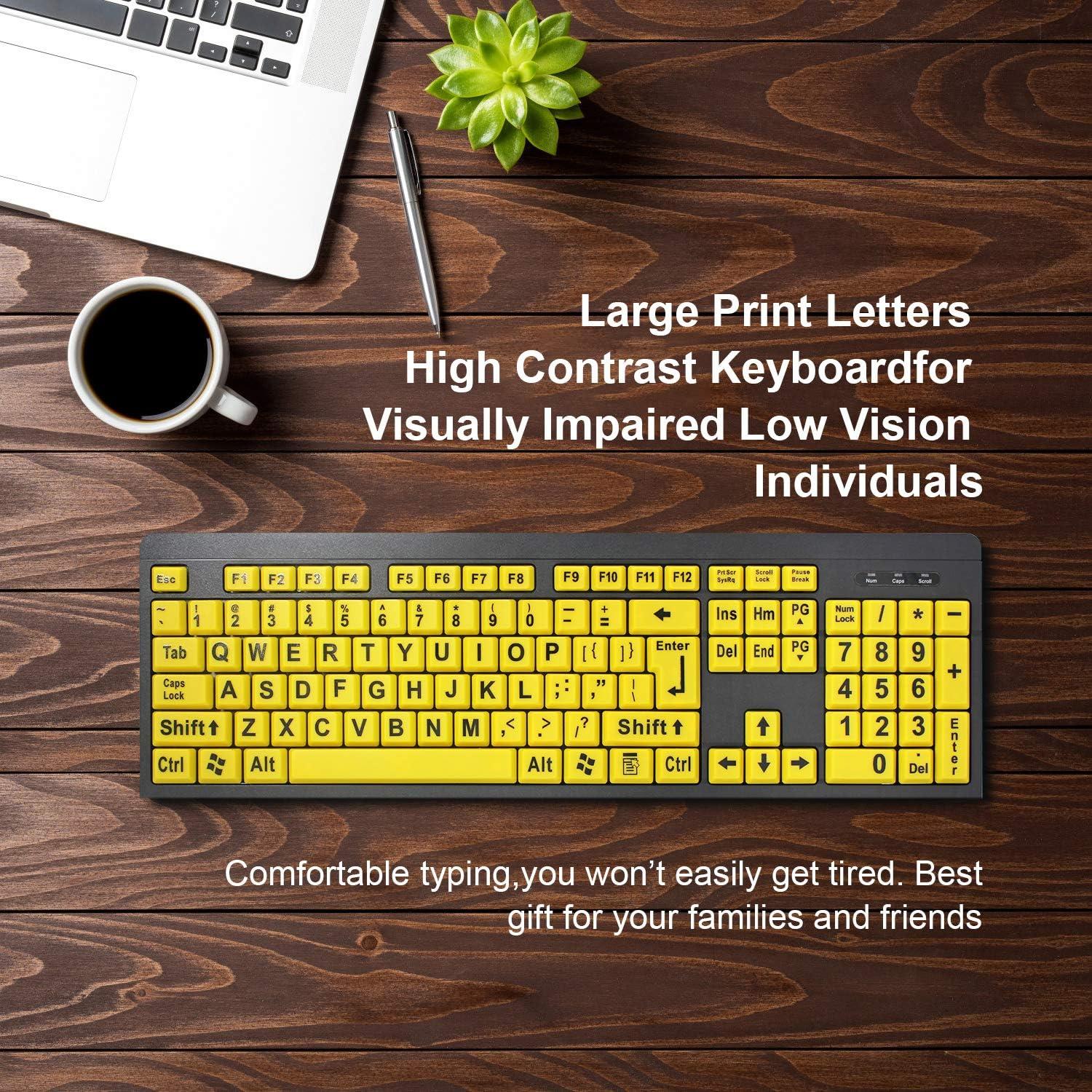 Large Print Computer Keyboard, Wired USB High Contrast Keyboard with Oversized Print Letters for Visually Impaired Low Vision Individuals (Yellow+Black)