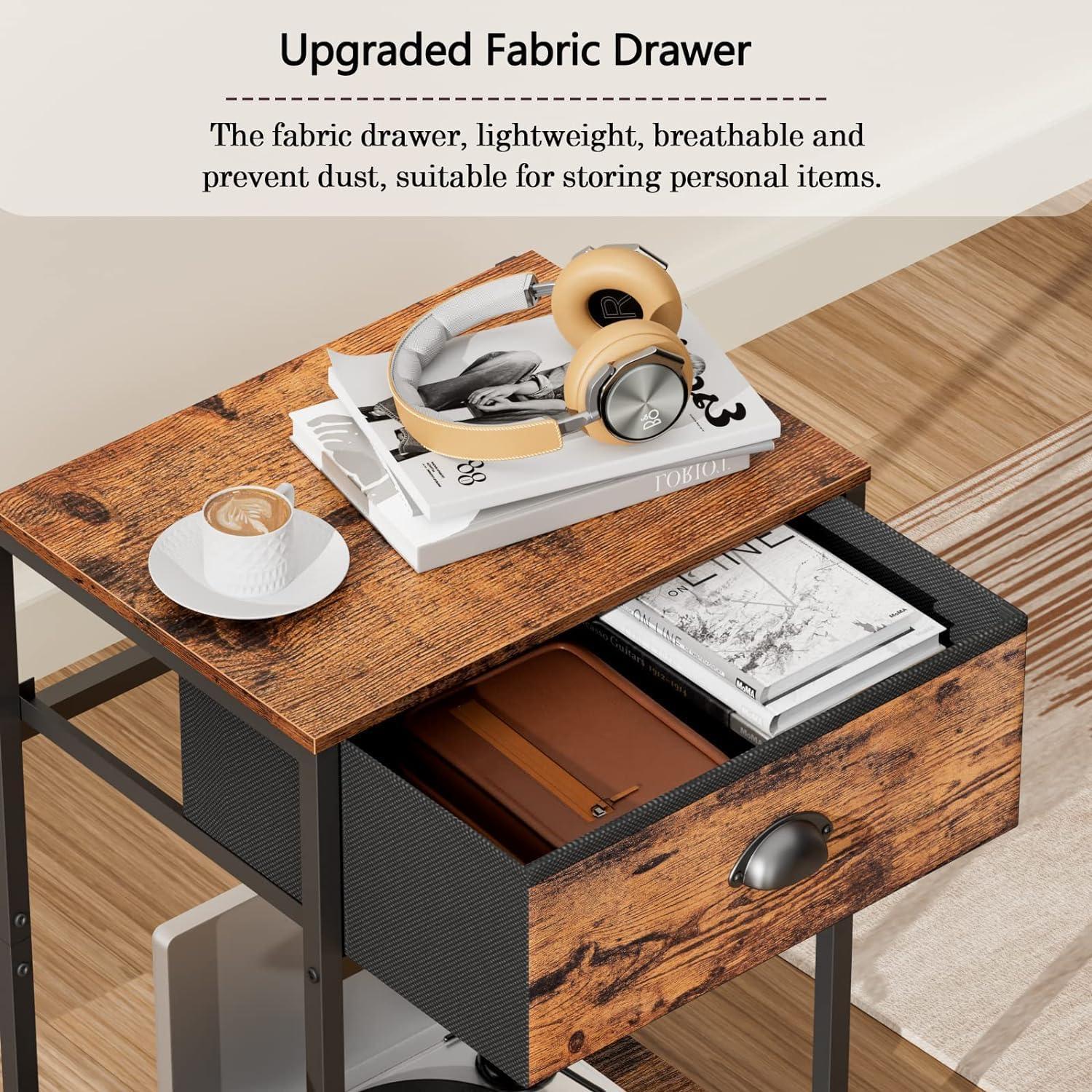 Furologee Nightstands Set of 2, Industrial End Table with Fabric Drawer & Storage Shelf, Retro Bedside Tables Organizer, Sturdy Side Table for Living Room, Bedroom