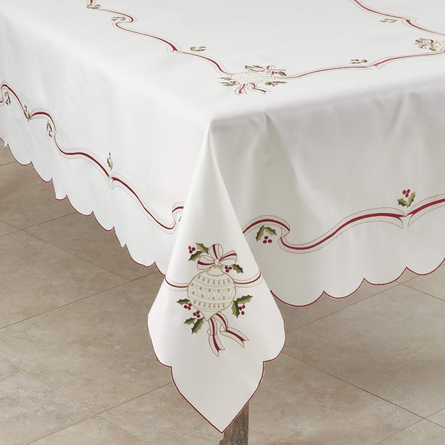 Ivory Embroidered Christmas Tablecloth with Holly and Ribbon Motifs