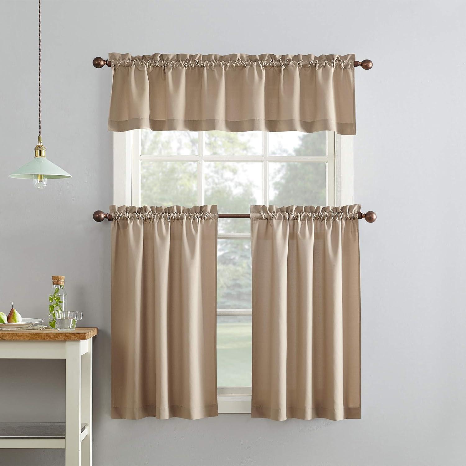 No. 918 Martine Microfiber Semi-Sheer Rod Pocket Kitchen Curtain Valance and Tiers Set, 54" x 24" 3-Piece, Taupe