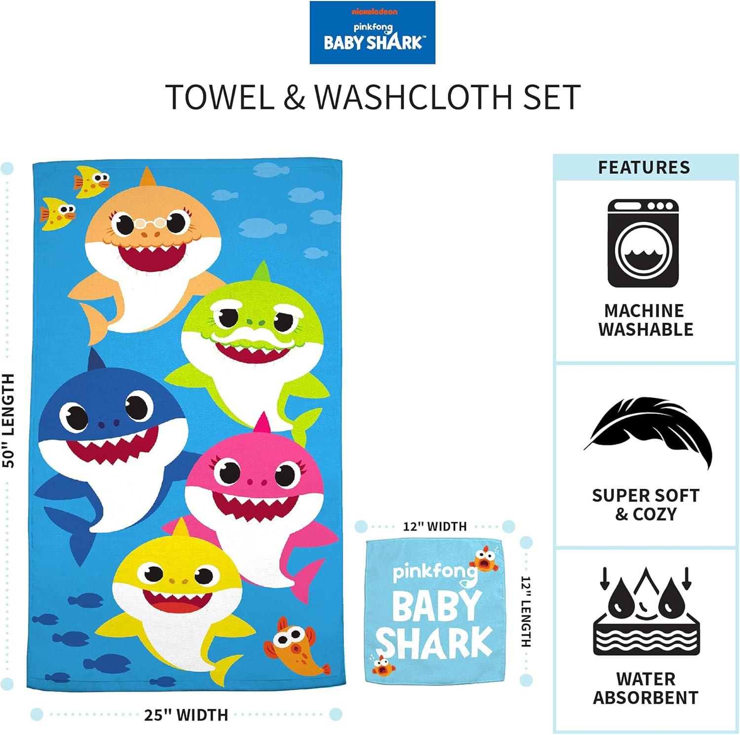 Franco Kids Bath and Beach Soft Cotton Terry Towel with Washcloth Set, 25" x 50", Baby Shark