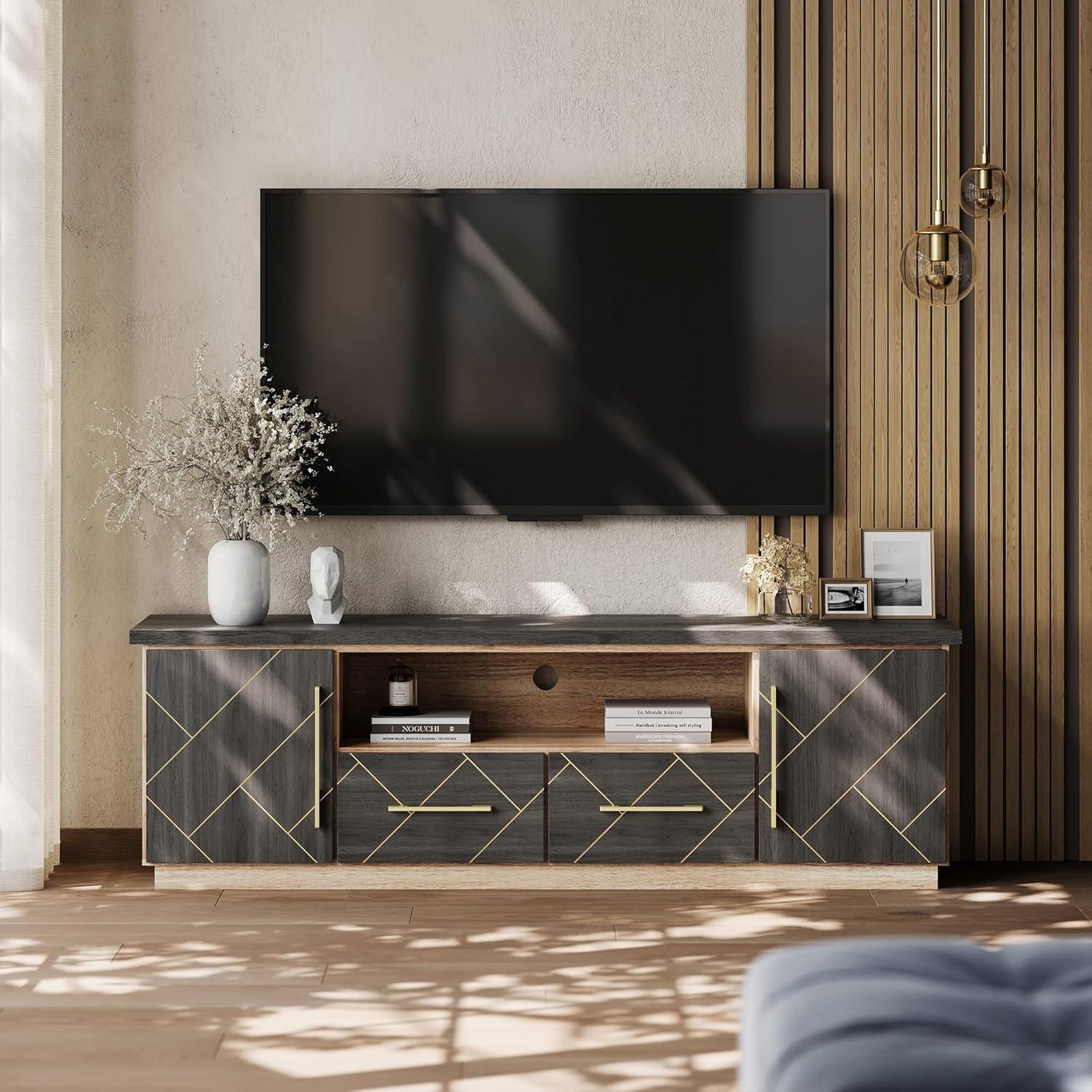 BELLEZE 70 Inch Modern TV Stand with Gold Trim, Elegant Entertainment Center with Storage, Media Console Table with Drawers & Open Shelves for Living Room, Bedroom, Home Theater (Espresso Black)