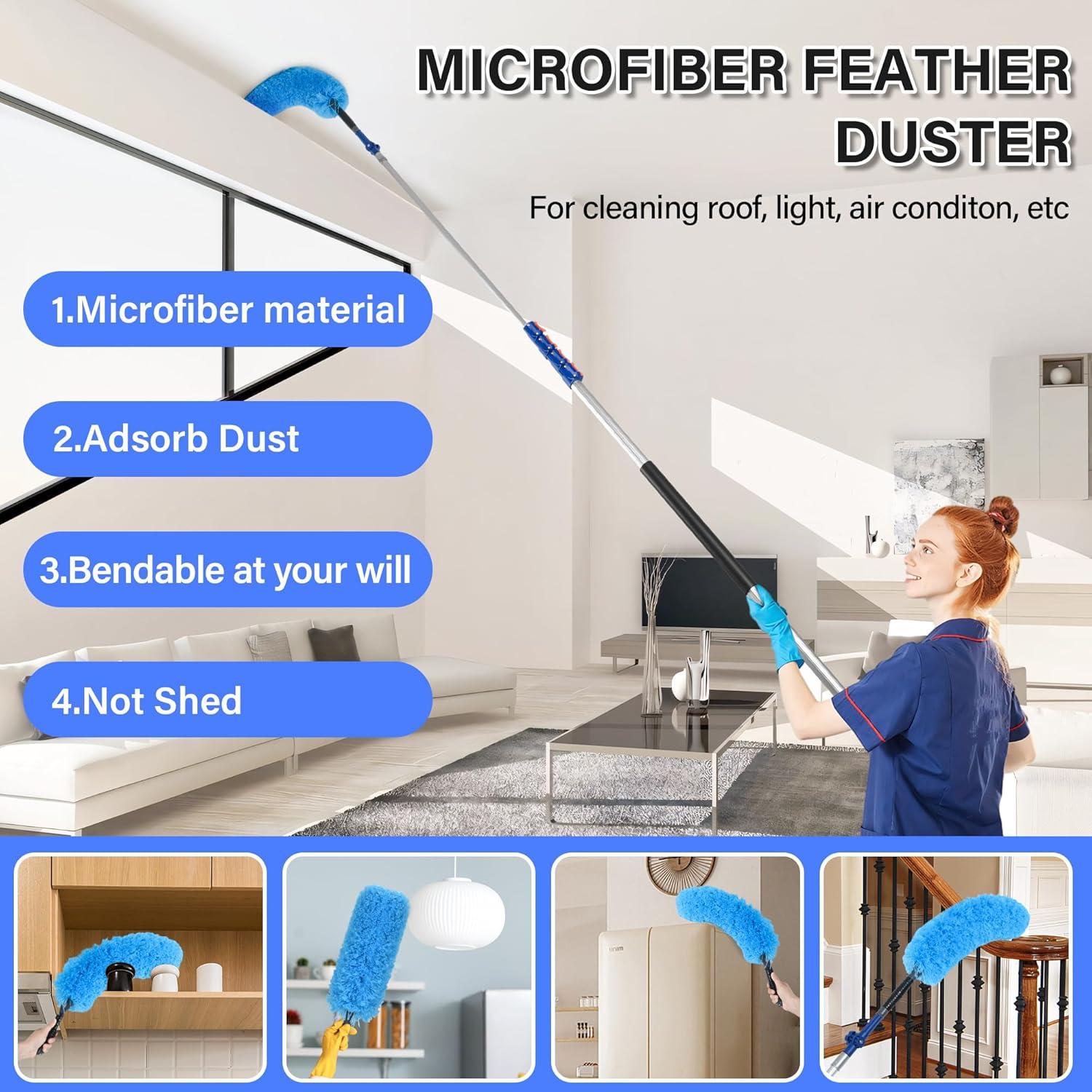 20 Foot High Reach Duster Kit with 5-12FT Telescoping Pole - High Ceiling Dusting and Window Cleaning Kit, Cobweb Duster, Window Washer & Squeegee, Fan Duster and Feather Duster