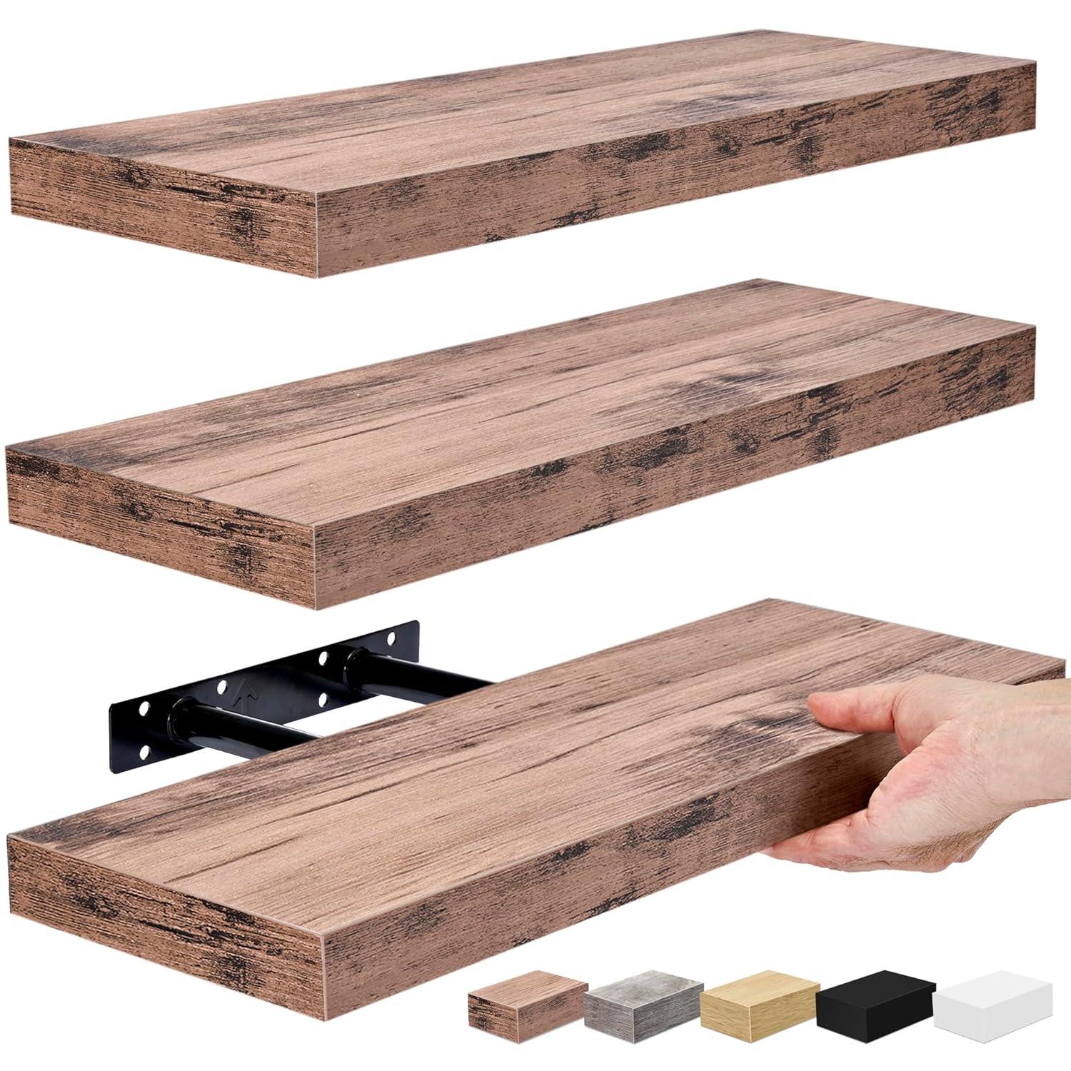 3 Pack 16 Inch Sorbus Rustic Floating Shelves - for Bedroom, Kitchen, Living Room, Office - Floating Shelf for Trophies, Books, Frames, etc