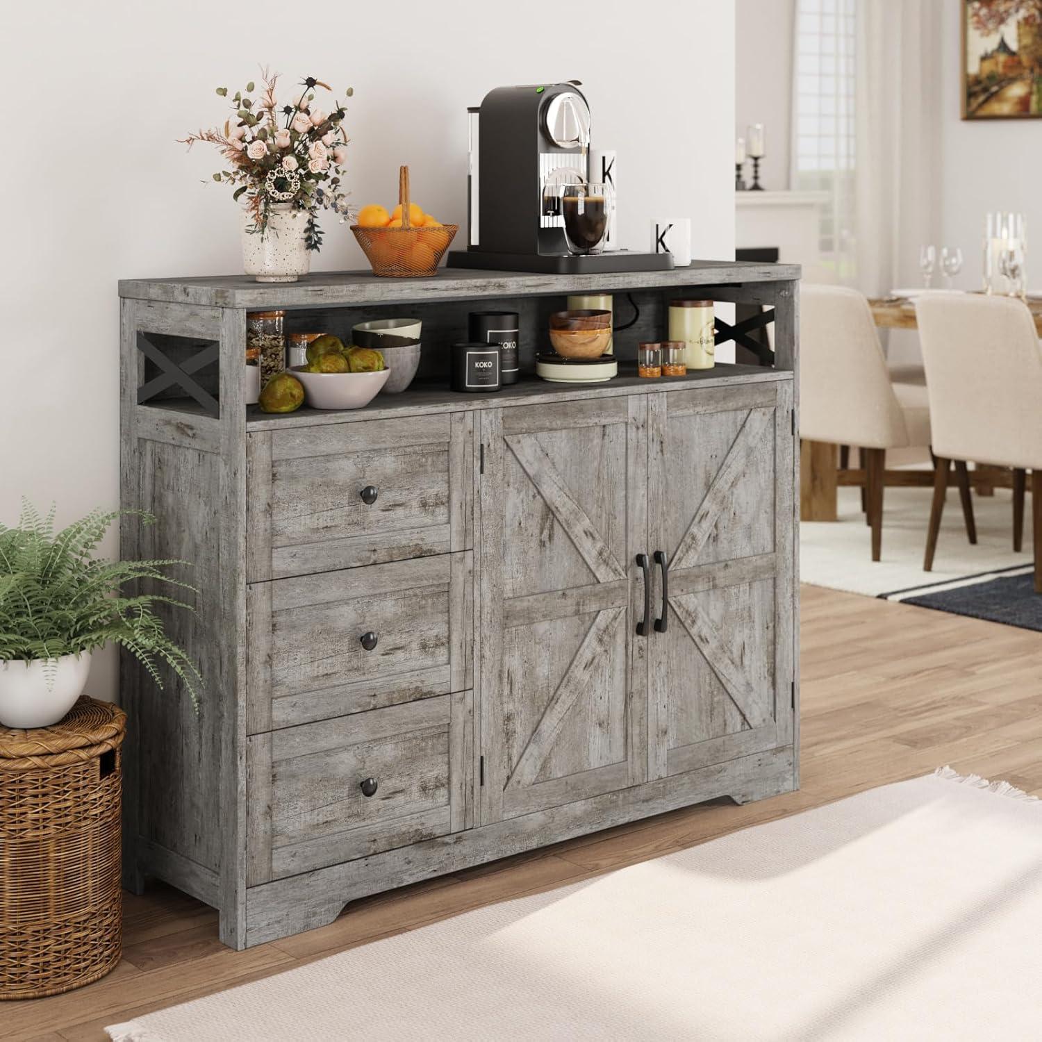 47" Distressed Grey Farmhouse Storage Cabinet with Doors & Drawers, Sideboard Buffet Cabinet with Storage, Kitchen Pantry Hutch, Coffee Bar Station Table for Kitchen, Living Room, Dining Room