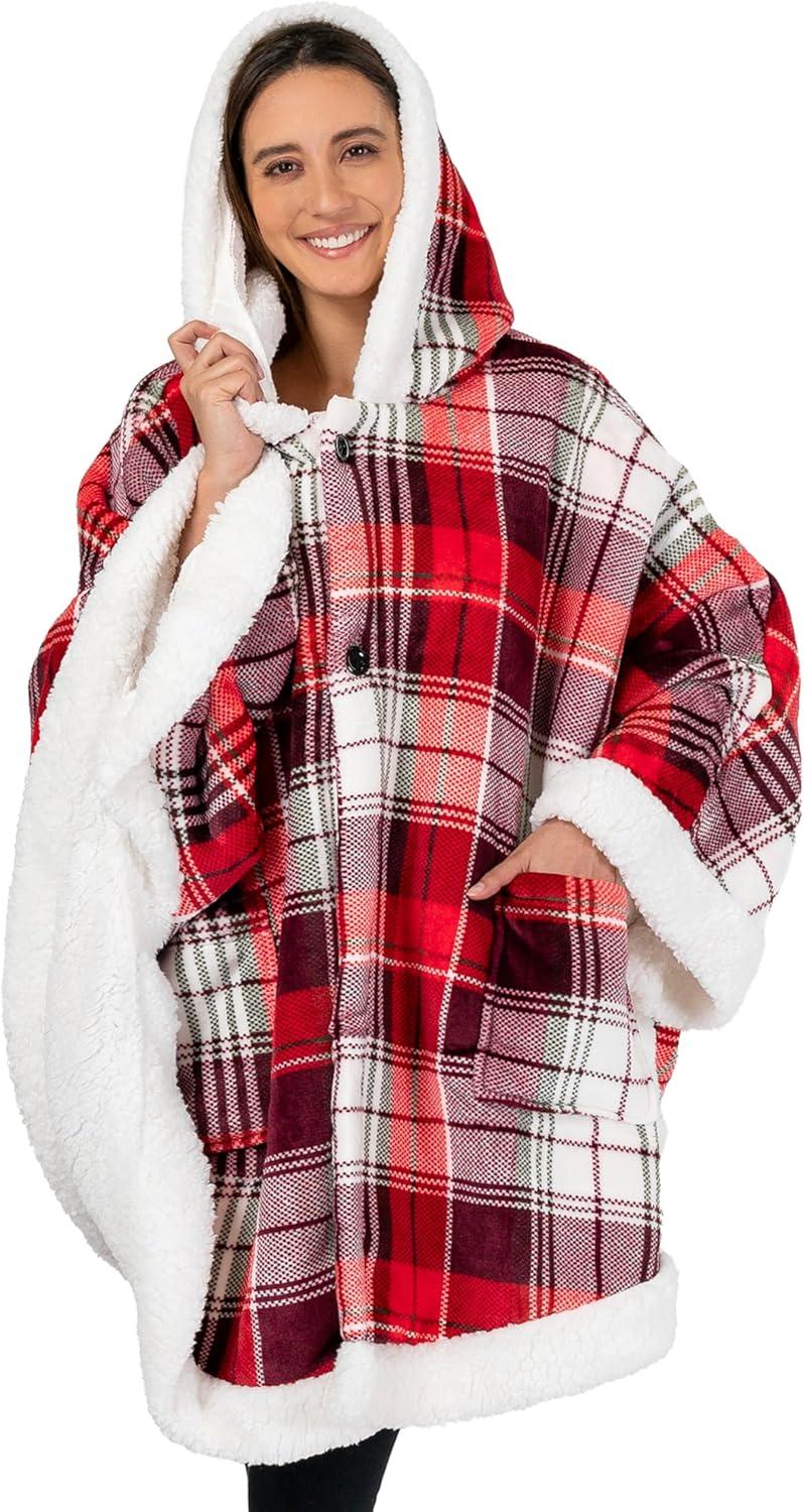 PAVILIA Angel Wrap Hooded Blanket for Women Adult, Wearable Cozy Wrap Throw Fleece Shawl Cape, Tartan Plaid/Faux Shearling