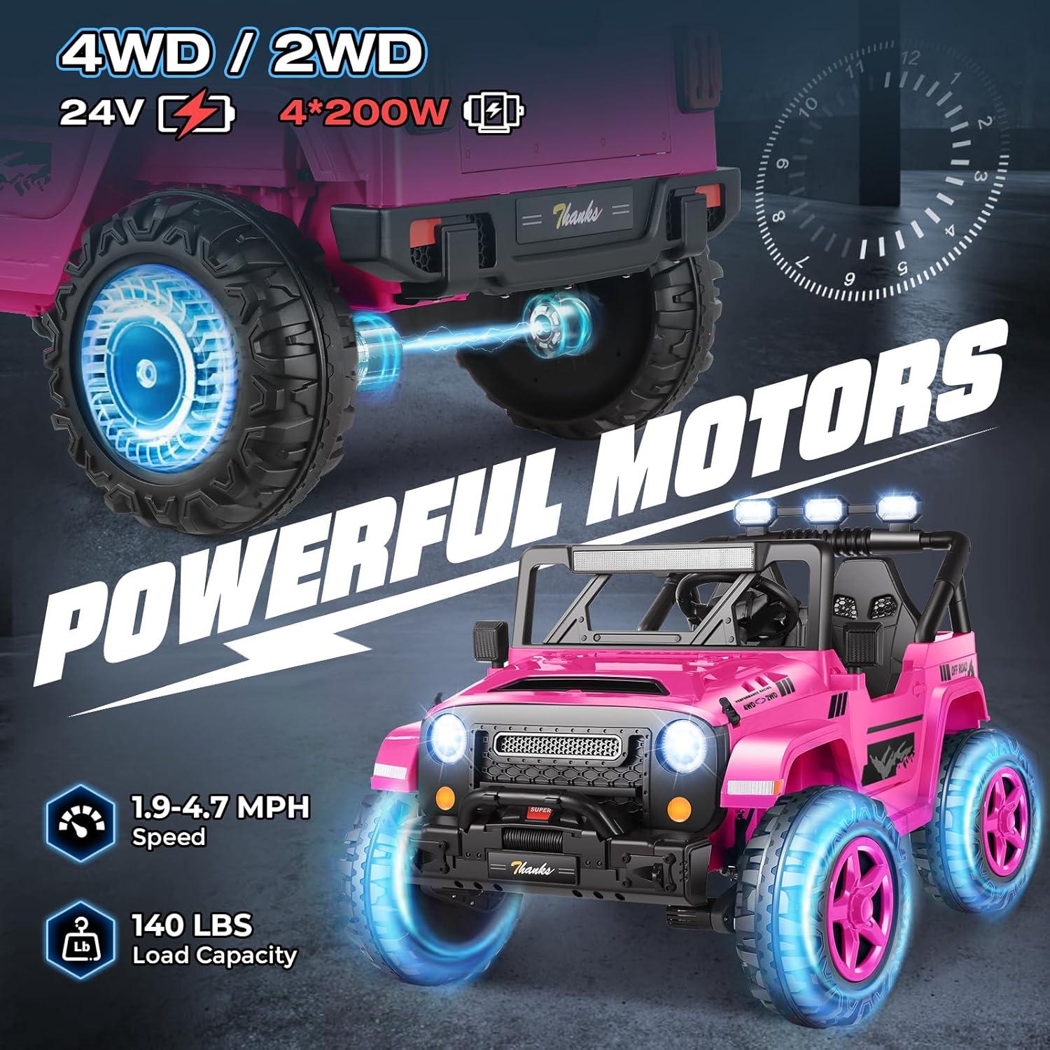 Ancheer Alex 24V 4WD//2WD Ride On Jeep Truck,2 Seater Kids UTV With 4X200w Powerful Engine,Remote Control,Bluetooth,20 Wide Seat,Vehicles for Kids Toddlers