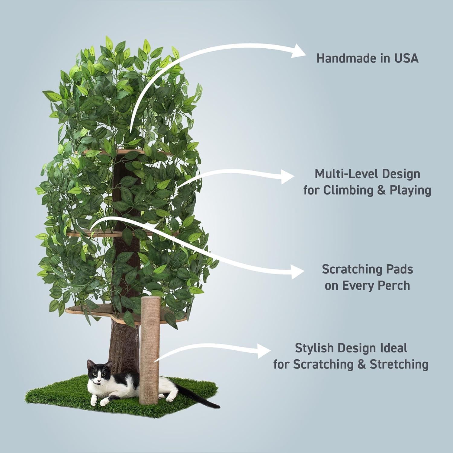 On2Pets Cat Tree with Leaves, Cat House & Cat Activity Tree, Multi-Level Cat Condo for Indoor Cats, Square Base with Scratching Post