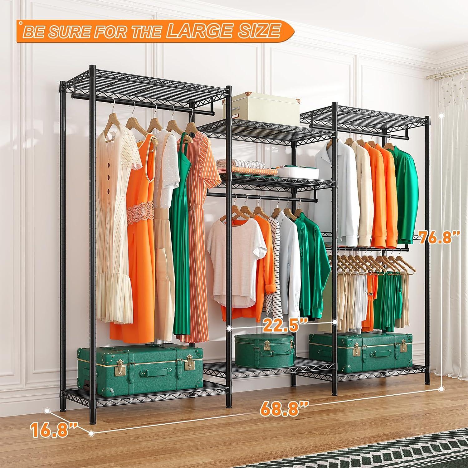 Raybee Clothes Rack Heavy Duty Load 840 LBS Adjustable Clothing Rack for Hanging Clothes,Metal Portable and Sturdy, 76.8" H x 68.8" W x 16.8" D Black