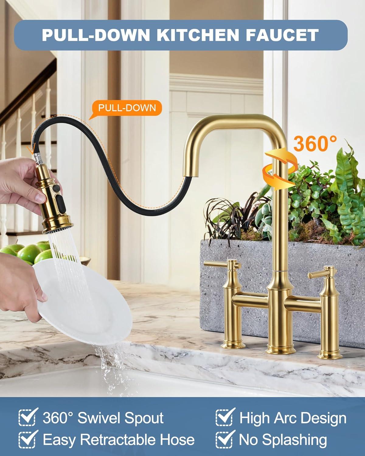 Brushed Gold Double Handle Bridge Kitchen Faucet with Pull-Down Spray