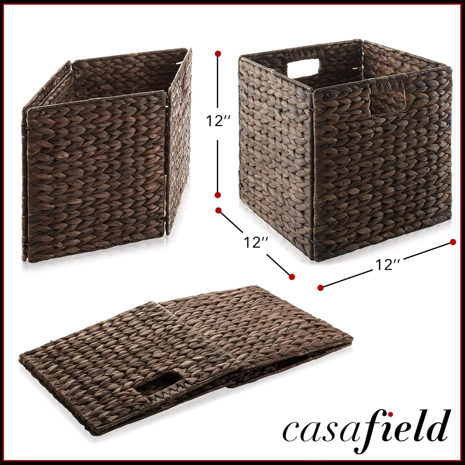 Casafield 12" x 12" Water Hyacinth Storage Baskets - Set of 2 Collapsible Cubes, Woven Bin Organizers for Bathroom, Bedroom, Laundry, Pantry, Shelves