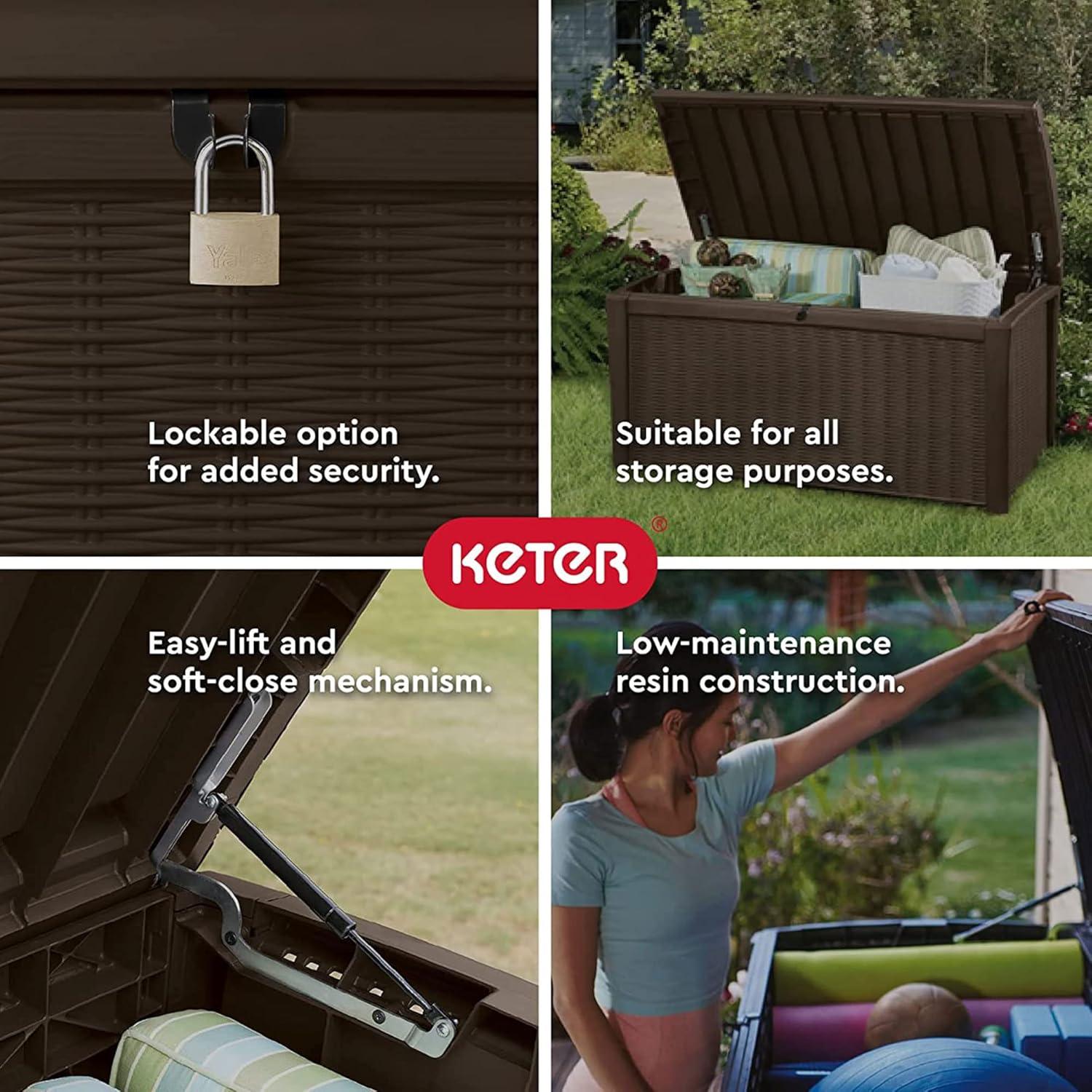 Keter Borneo 110 Gallon Rattan Wicker Resin Patio Deck Storage Box Bench