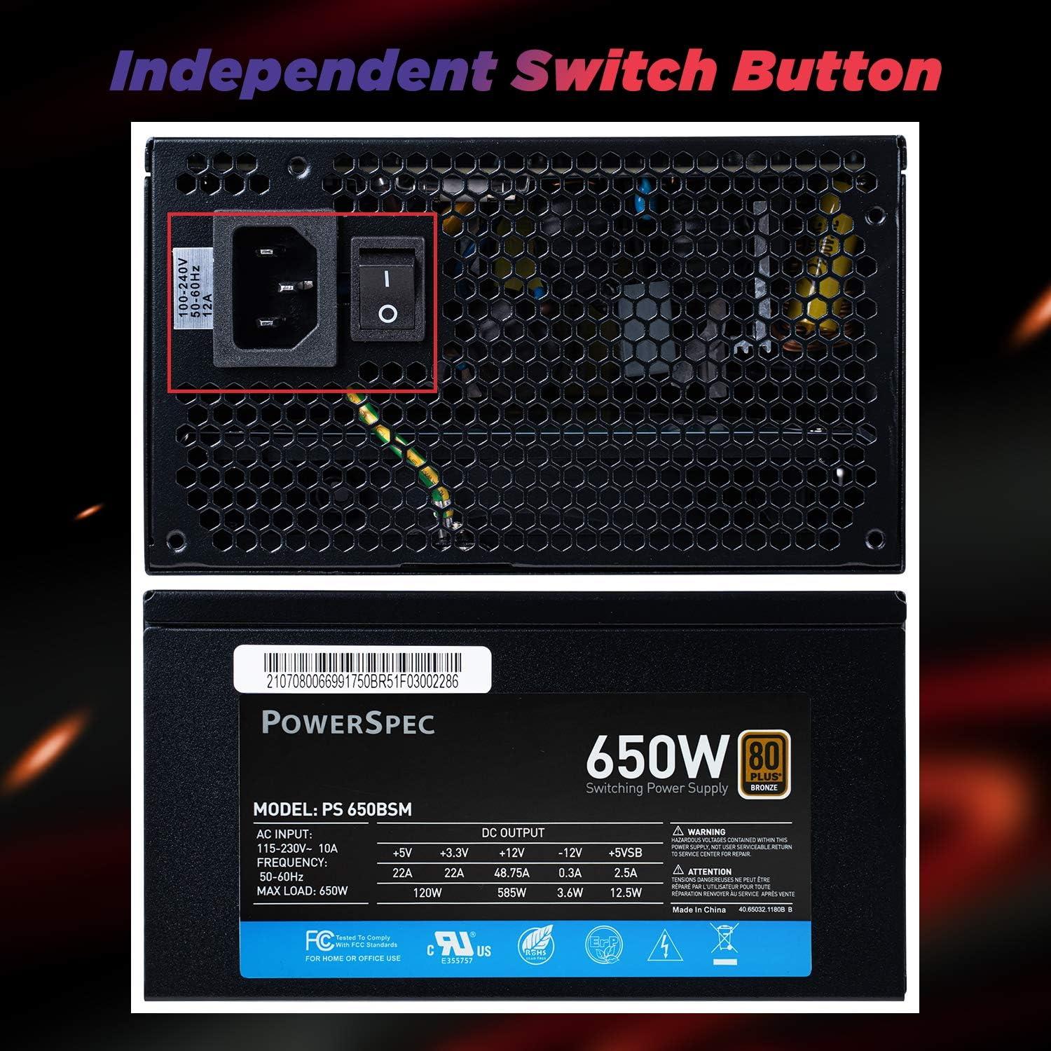 PowerSpec 650W Power Supply Semi Modular 80 Plus Bronze Certified ATX PSU Active PFC SLI Crossfire Ready Gaming PC Computer Power Supplies, PS 650BSM(White Edition)