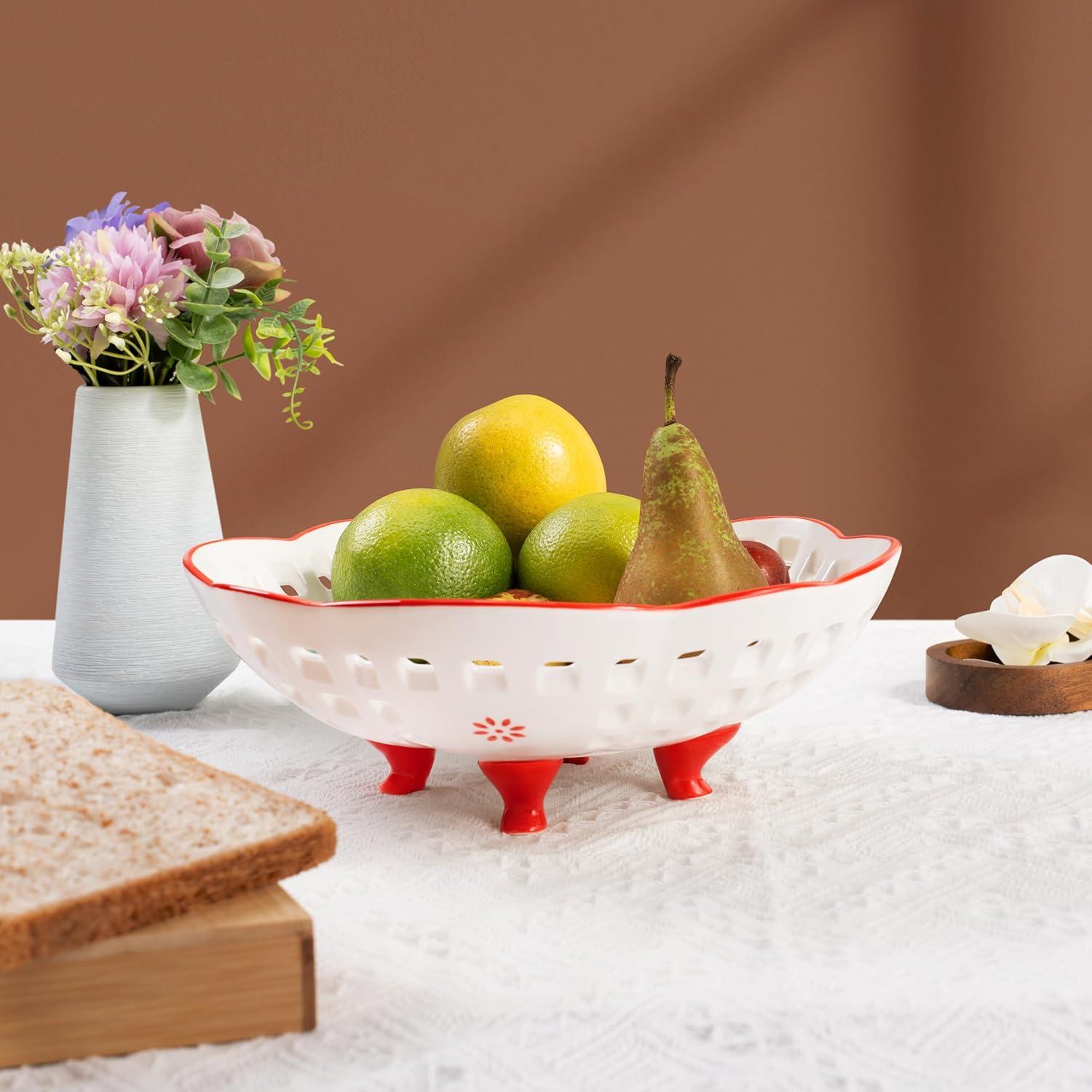 White and Red Ceramic Floral Pedestal Fruit Bowl, 10-inch