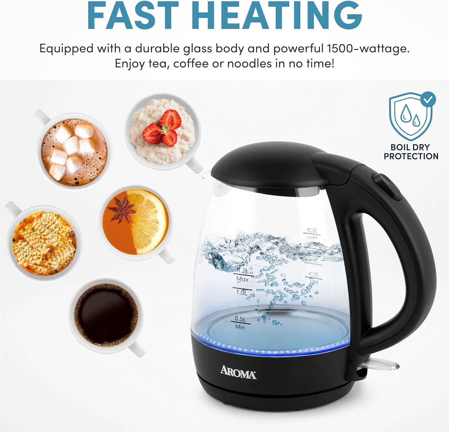 Aroma 1.2L Glass Kettle: Electric Water Boiler with LED Indicator, Automatic Shut-Off, Boil Dry Protection, 1500W