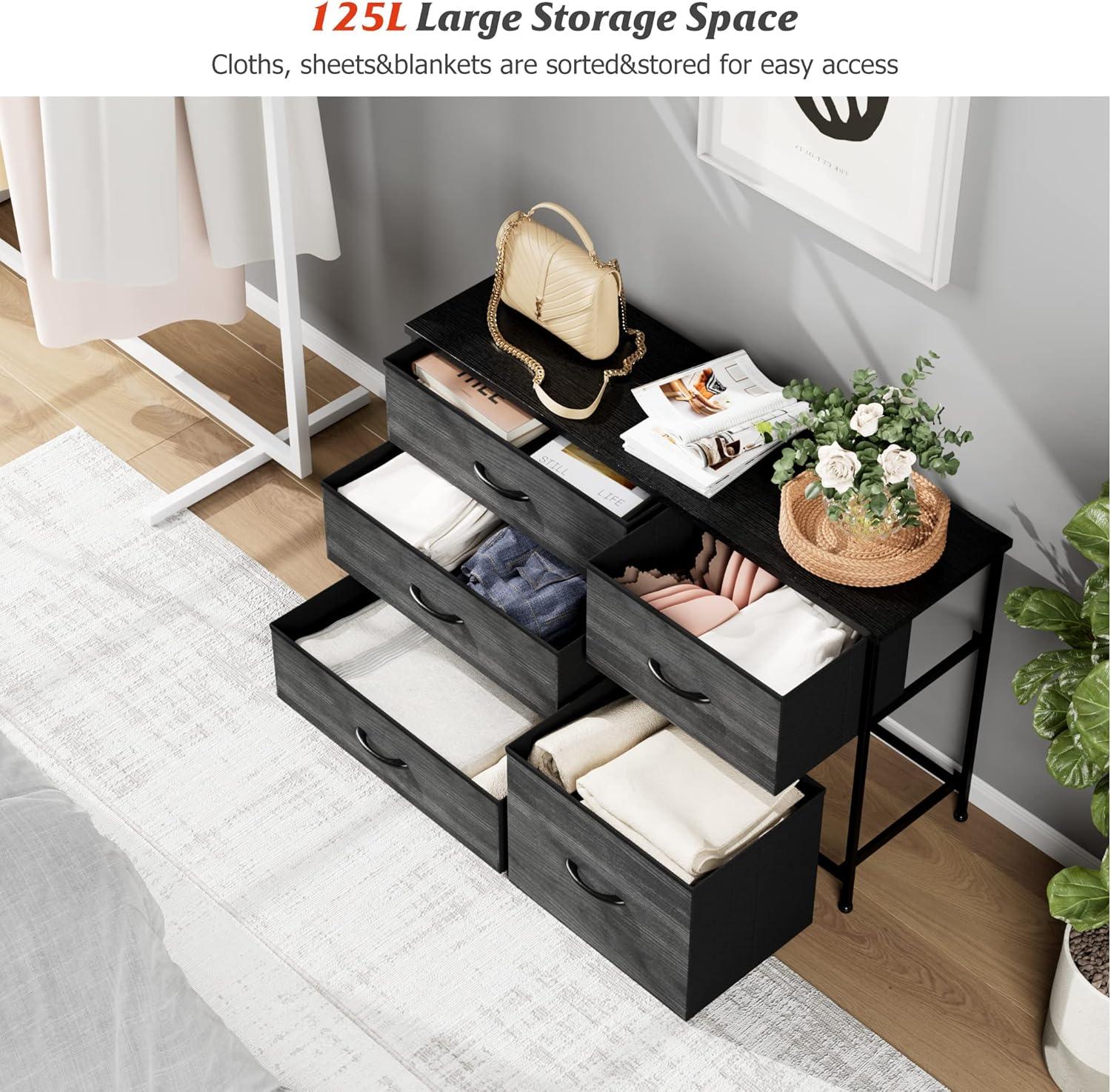 Nicehill Black Dresser for Bedroom with 5 Drawers, Chests of Drawers for Closet, Clothes, Nursery, Bedroom Dresser with Drawers,Black Wood Grain