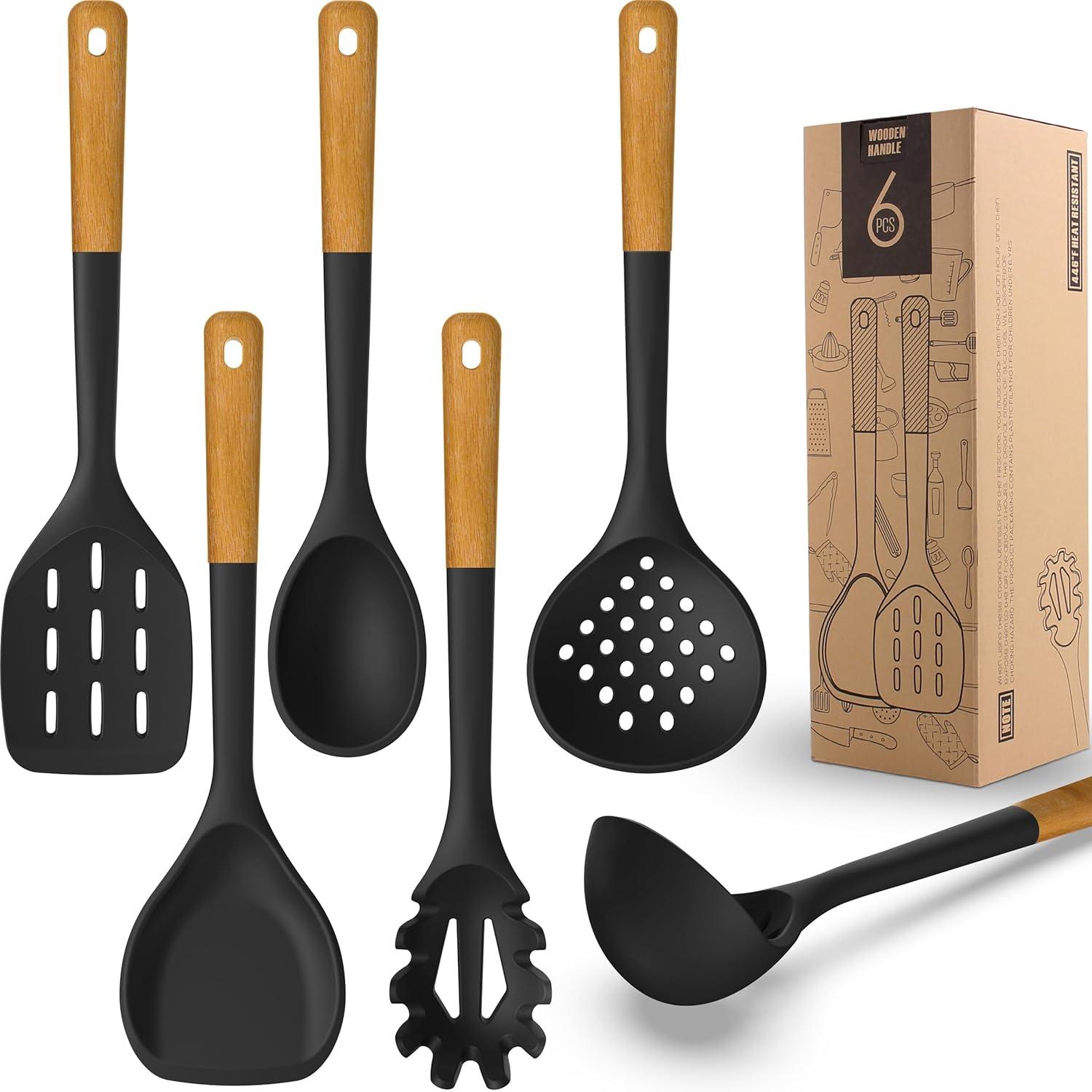 Large Silicone Cooking Utensils - Heat Resistant Kitchen Utensil Set with Wooden Handles, Spatula,Turner, Slotted Spoon, Pasta server, Kitchen Gadgets Tools Sets for Non-Stick Cookware (Black)