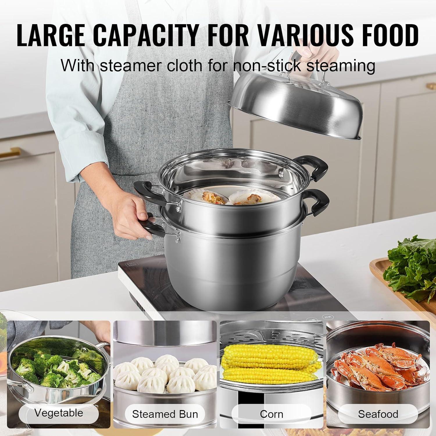 Stellweilan Tessberg Steamer Pot 11in/28cm, 3 Tier Steamer Pot for Cooking with 8.5QT Stock Pot, Vegetable Steamer & 2 Steaming Tray, Food-Grade 304 Stainless Steel Food Steamer Cookware for Gas Electric Stove Grill