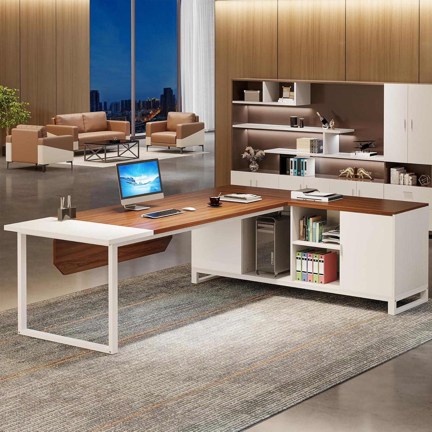 Walnut and White L-Shaped Executive Desk with Filing Cabinet