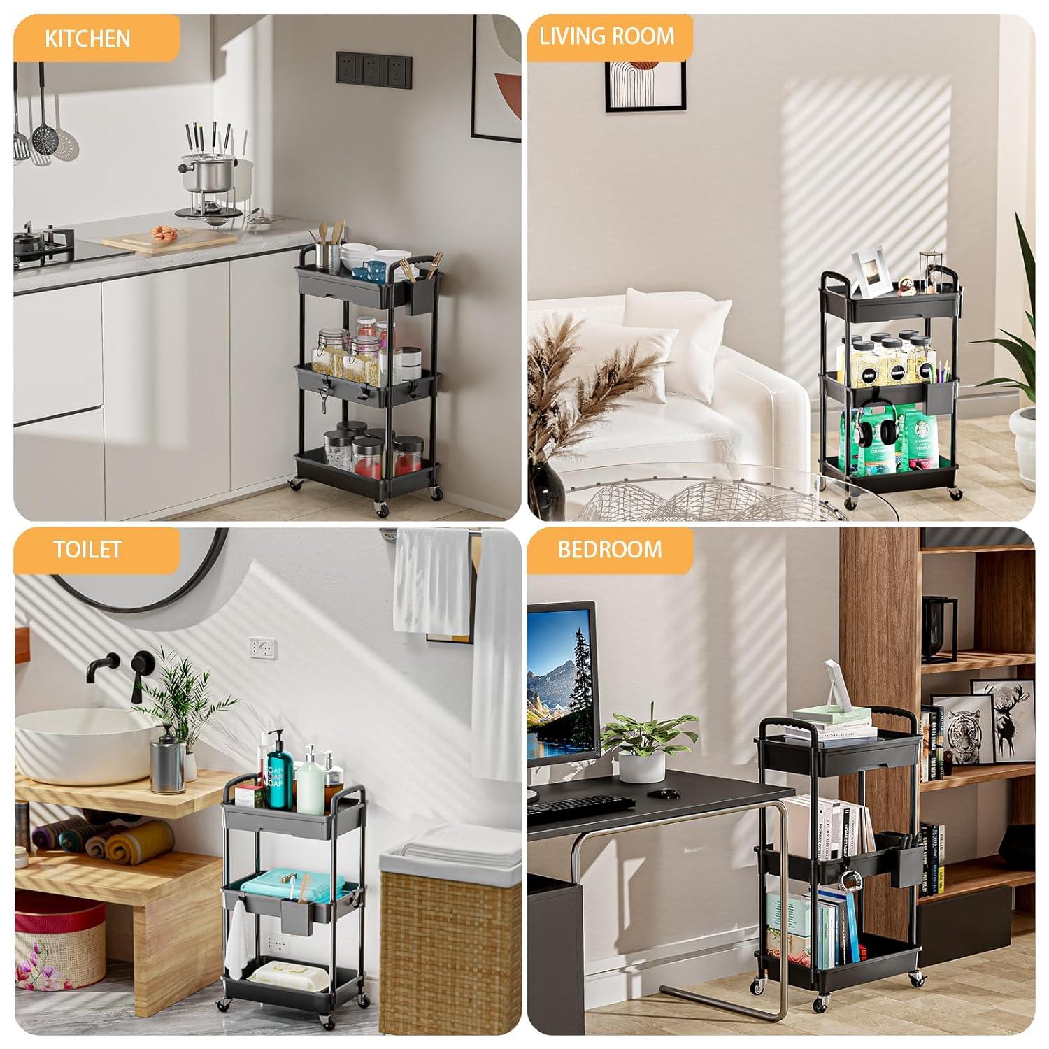 WZTO 3-Tier Rolling Utility Cart 3-Tier Multifunctional Storage Organizer Supply Holder Quiet Multifunctional Organizer for Salon Hospitals Bathroom Kitchen exceptional