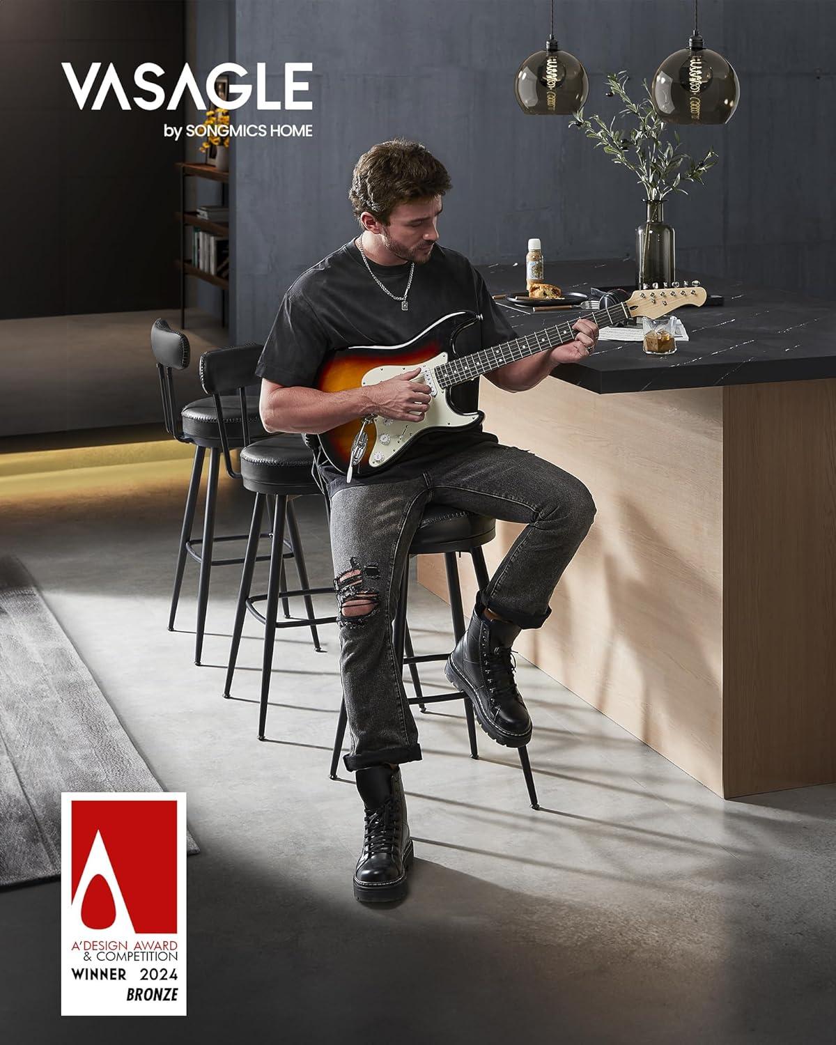 VASAGLE EKHO Collection - Bar Stools Set of 2, Swivel Bar Height Bar Stools with Back, Synthetic Leather with Stitching, Mid-Century Modern, 30-Inch Tall Barstools for Kitchen Home Bar, Ink Black