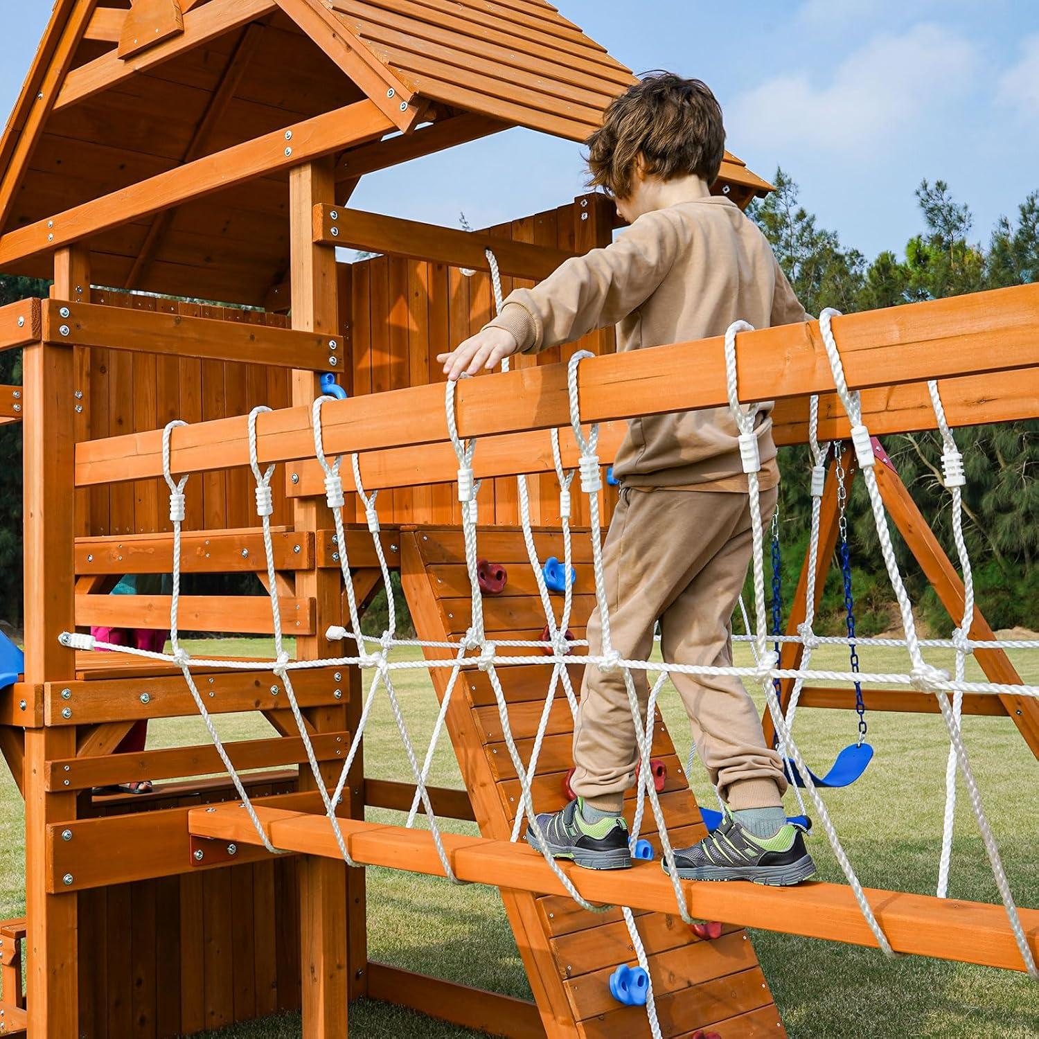 Dolphin Playground Dolphin Playground Luxury Cedar Playground Set: Double Wave Slide, 2-in-1 Table, Monkey Bars, Balance Beam, 3 Swings, Large Rock Wall, Wood Roof