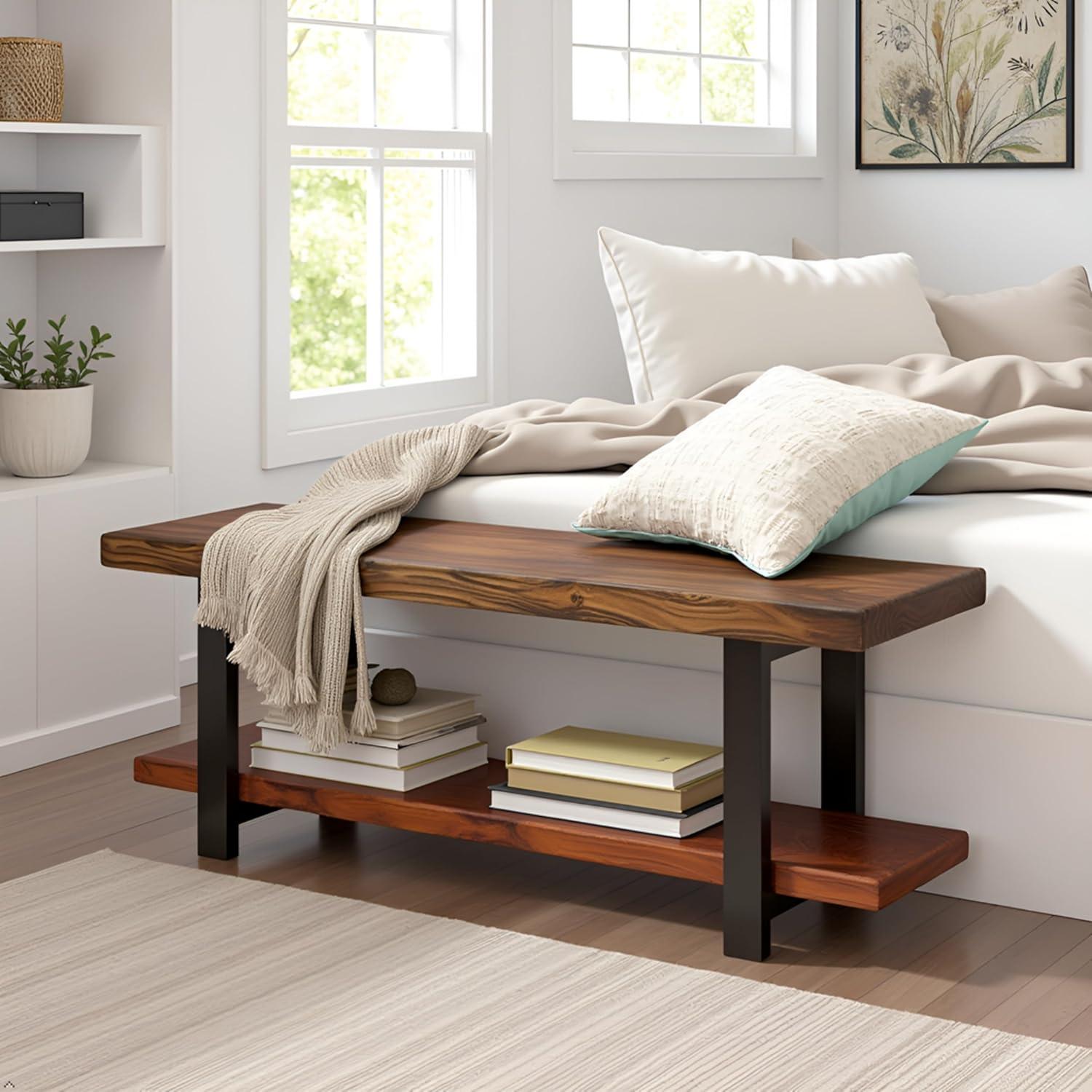 48" Pomona Solid Wood and Metal Entryway Bench Brown - Alaterre Furniture: Rustic Style, 2-Seater with Storage, Spot Clean