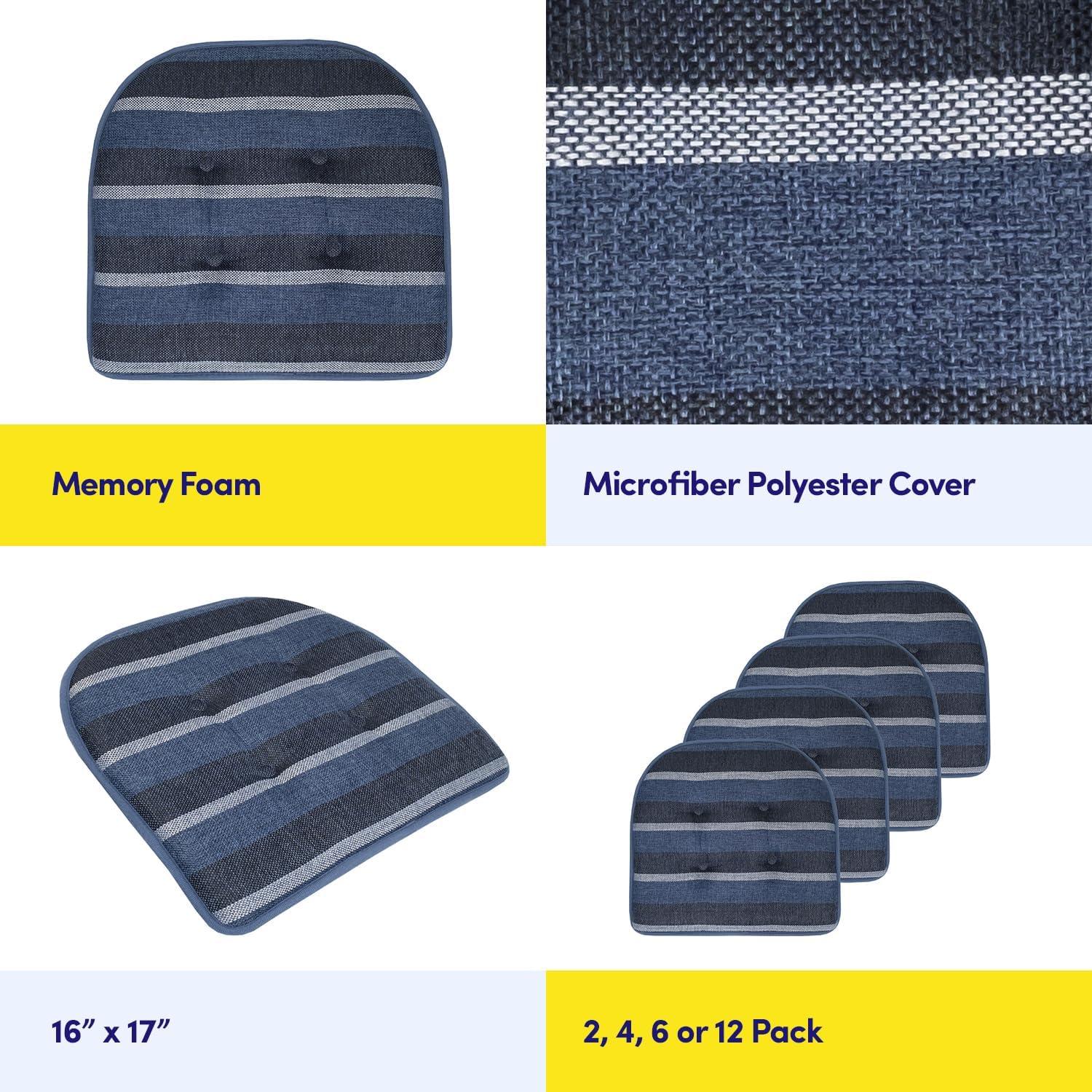 Steel Blue Striped Memory Foam Chair Cushions, Set of 4