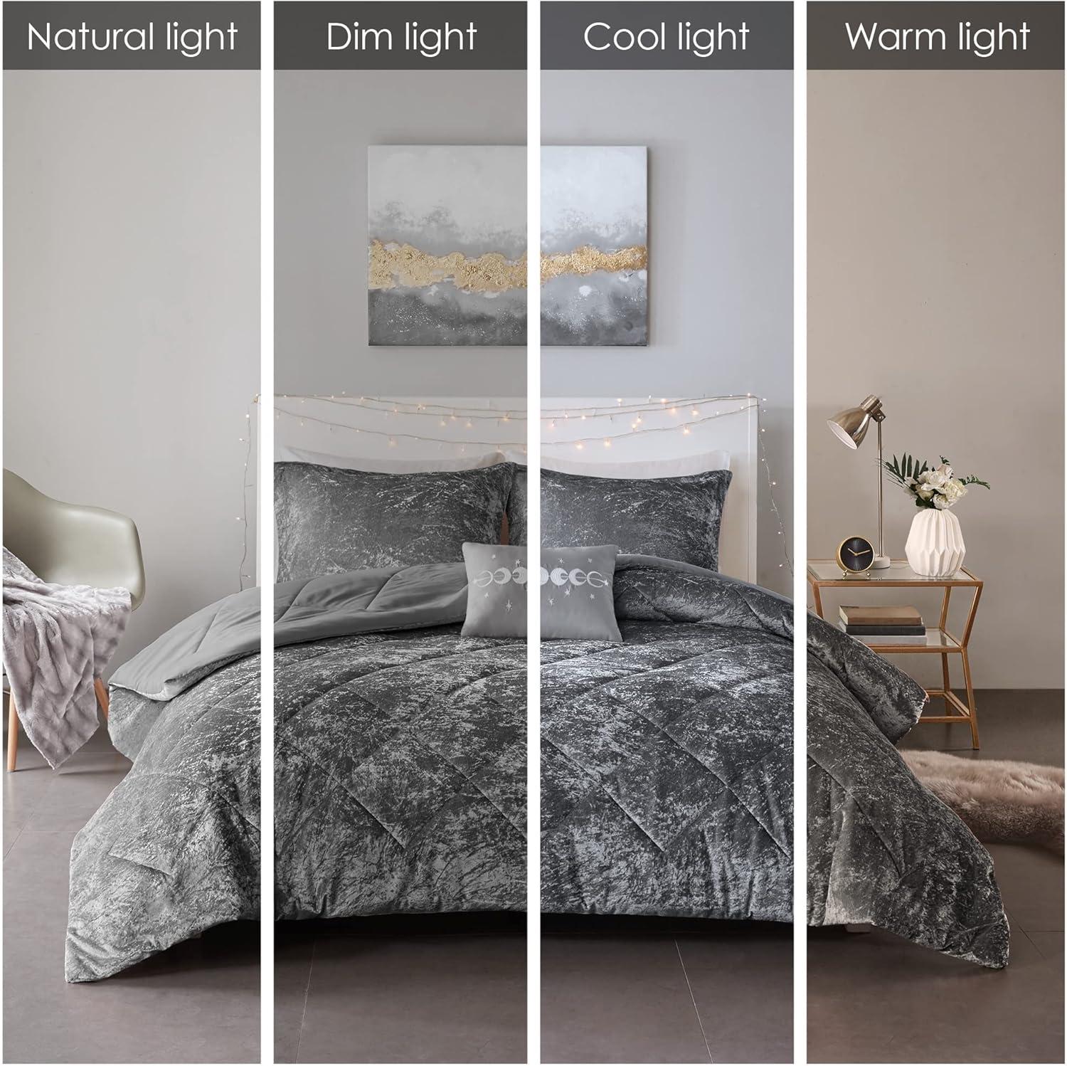 Intelligent Design Full/Queen Size Comforter Sets, 4-Piece Velvet Bedding Set for All Seasons, Grey Comforter Bed Set with Decor Pillow