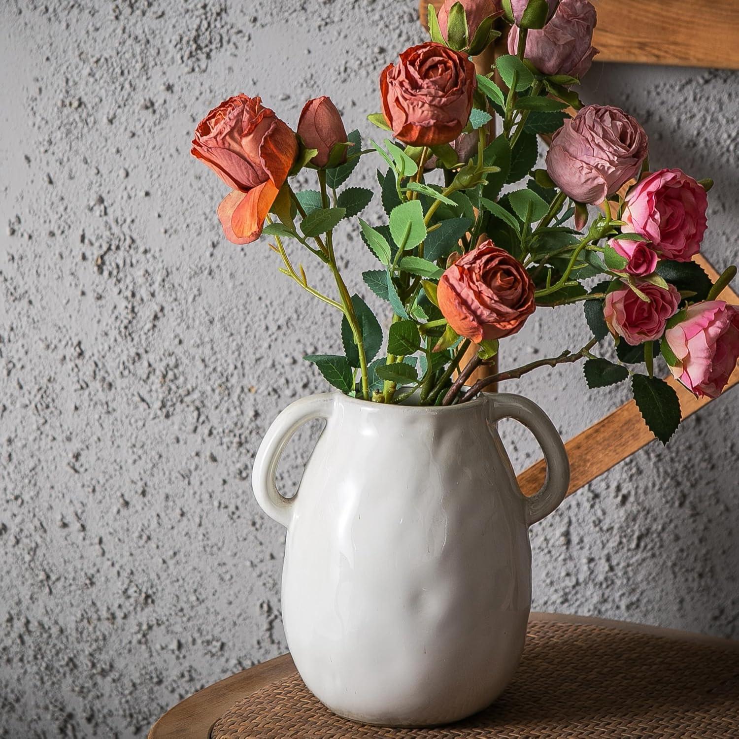 Grey Ceramic Vase with 2 Handles, Modern Farmhouse Vase for Home Decor, Rustic Terracotta Vase, Decorative Pottery Flower Vase, Clay Samll Vase, Centerpieces for Dining Table - 7 Inch Tall