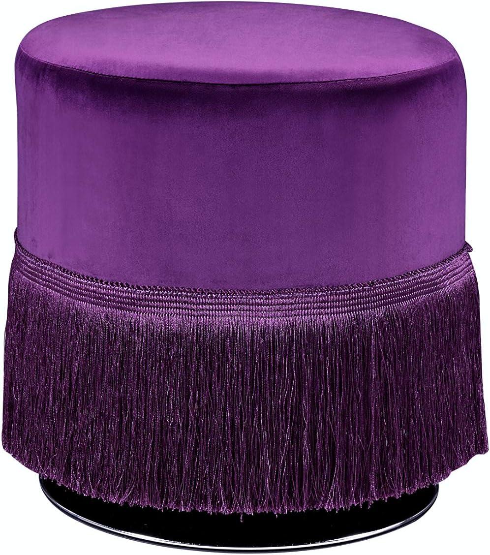 Clivia Midnight Blue Velvet Round Storage Ottoman with Fringe Base