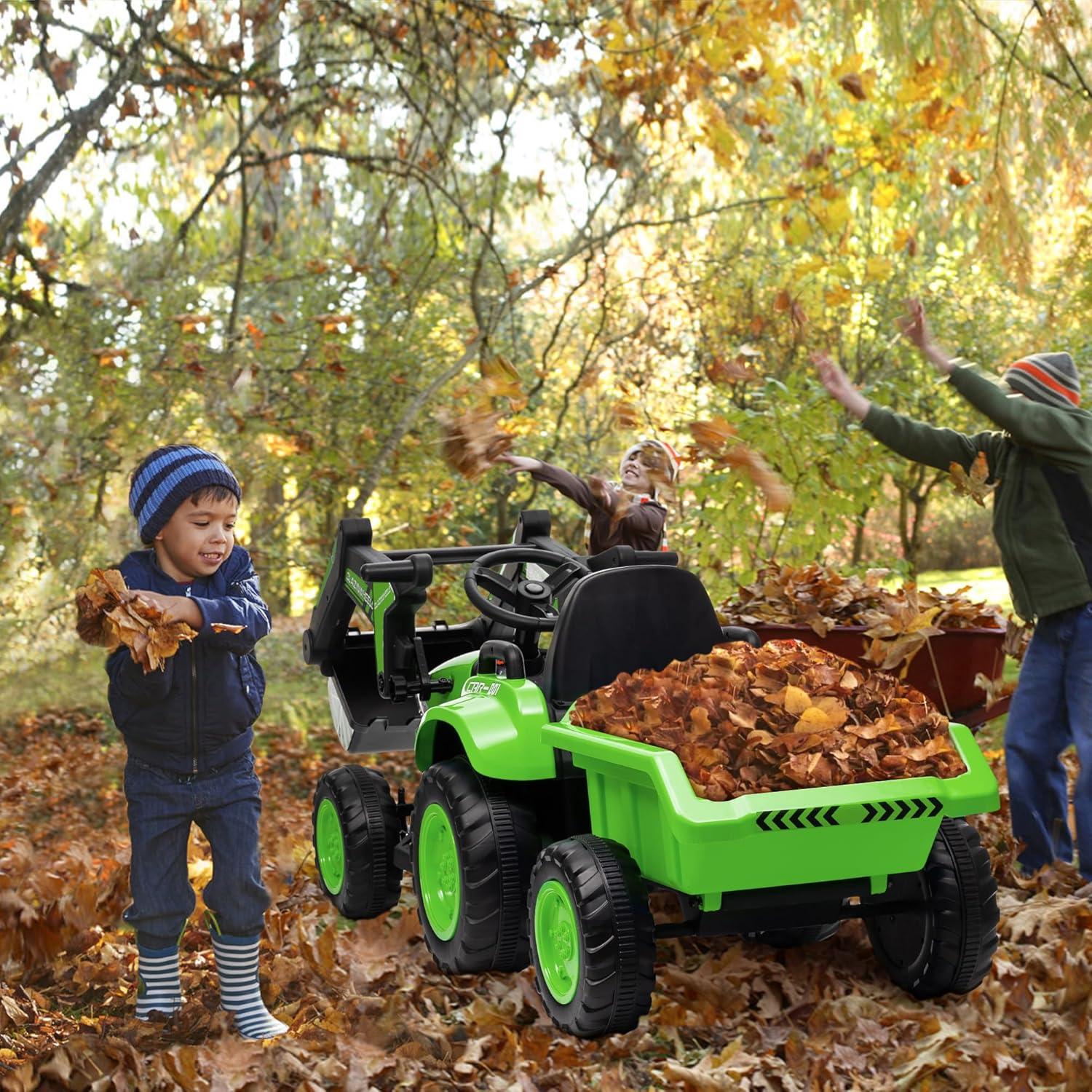 Green 12V Kids Ride-On Tractor with Detachable Trailer