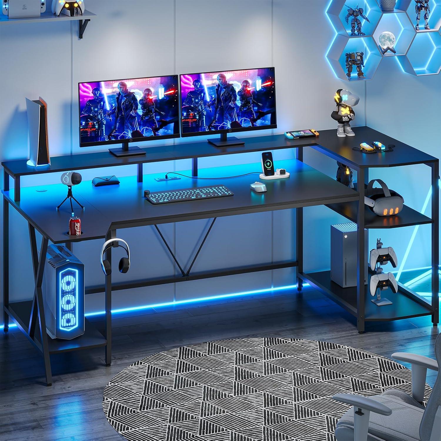 SEDETA Black 70.8'' Gaming Desk with LED Lights and Storage