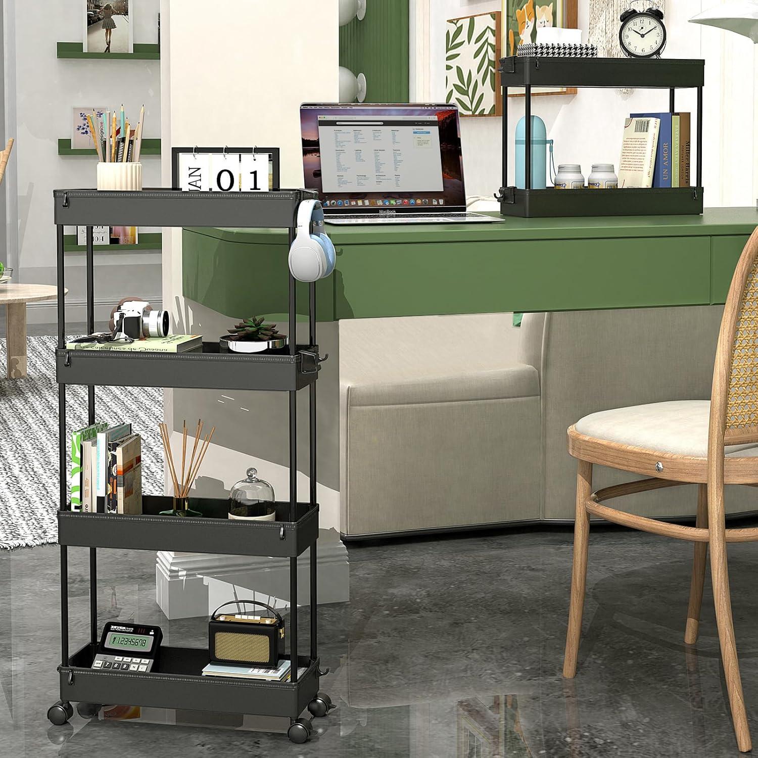 Black 4-Tier Rolling Storage Cart with Adjustable Shelves