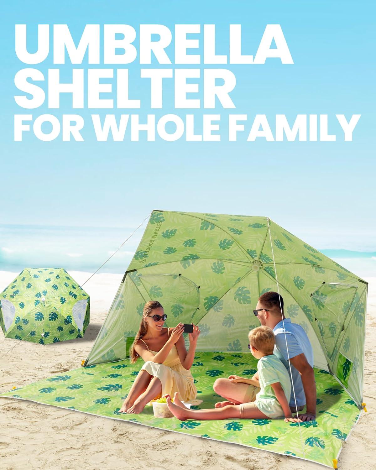 OutdoorMaster Pop Up Beach Umbrella, Portable Umbrella Shelter, Beach Shade Sun Canopy with UPF 50+ UV Protection, Extendable Floor with Carrying Bag