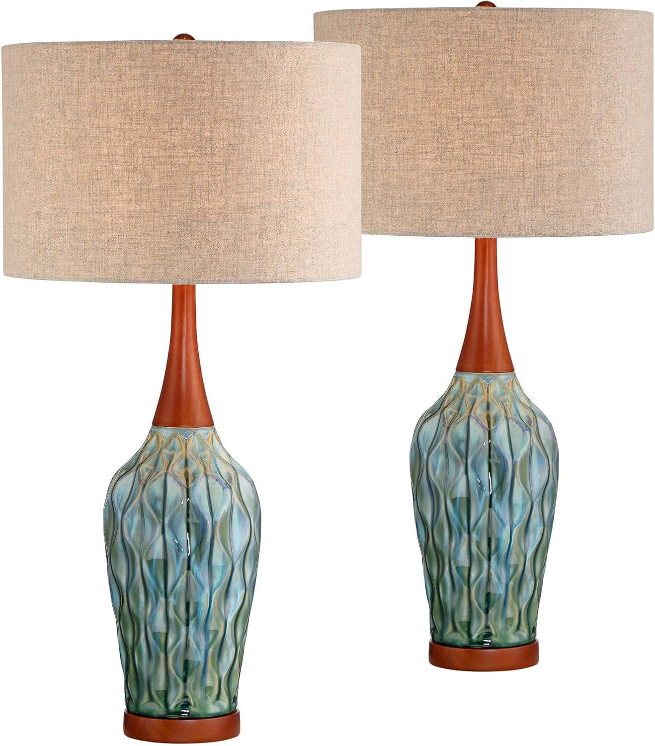 360 Lighting Rocco Modern Mid Century Table Lamps 30" Tall Set of 2 Blue Teal Glaze Ceramic Linen Drum Shade for Bedroom Living Room Nightstand Home