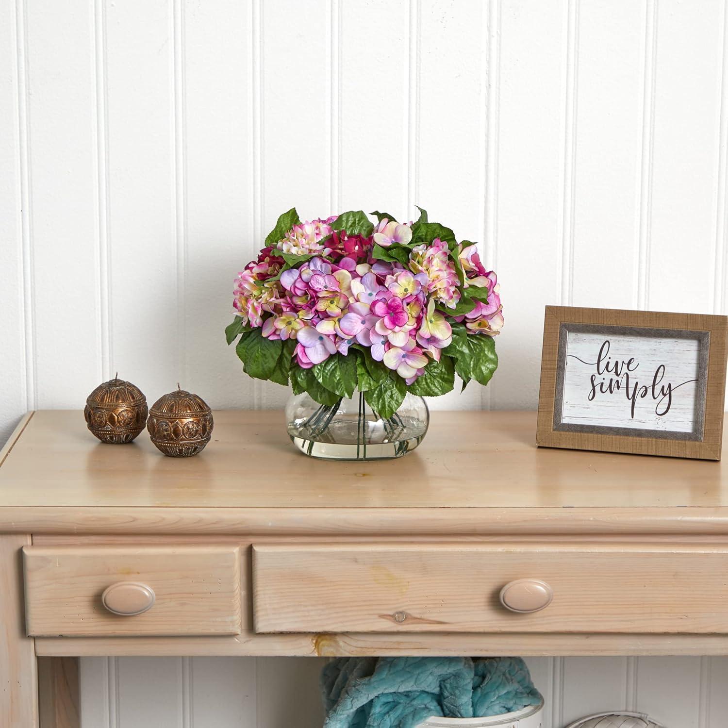 Nearly Natural 15" x 14" Artificial Hydrangea Arrangement with Glass Vase Pink: Faux Floral Decor, Indoor Spring Display