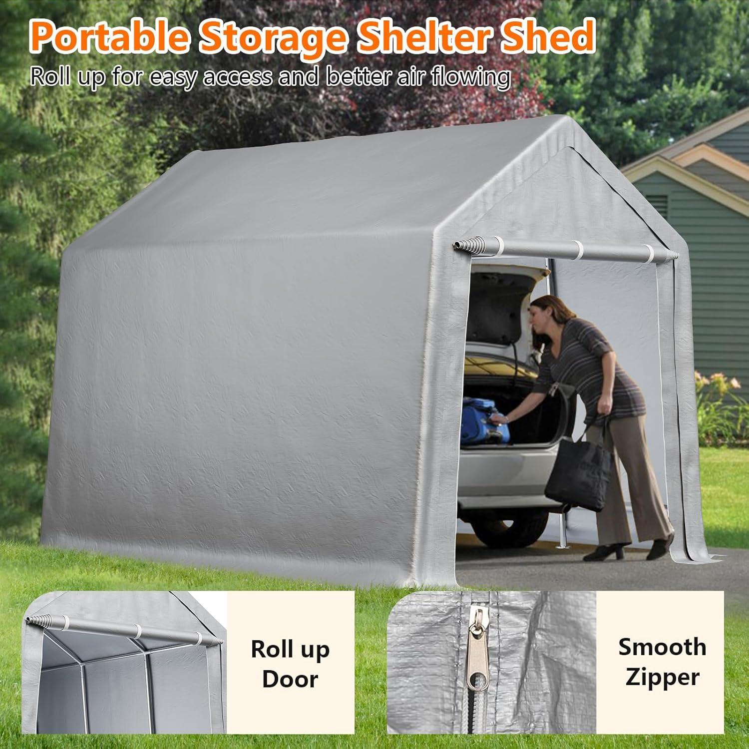 Portable Shed Carport Canopy 8x14 ft Waterproof Heavy Duty All-Season Portable Garage with Roll-up Zipper Door for Motorcycle, Bike, Garden Tools