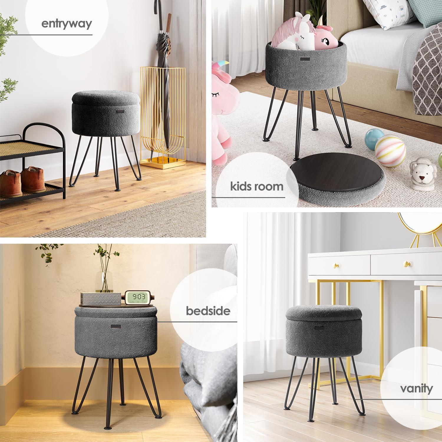 StorageBud Round Ottoman with Storage, Boucle Storage Ottoman, Modern Foot Stool Ottoman for Living Room and Bedroom, Gray/Black Legs