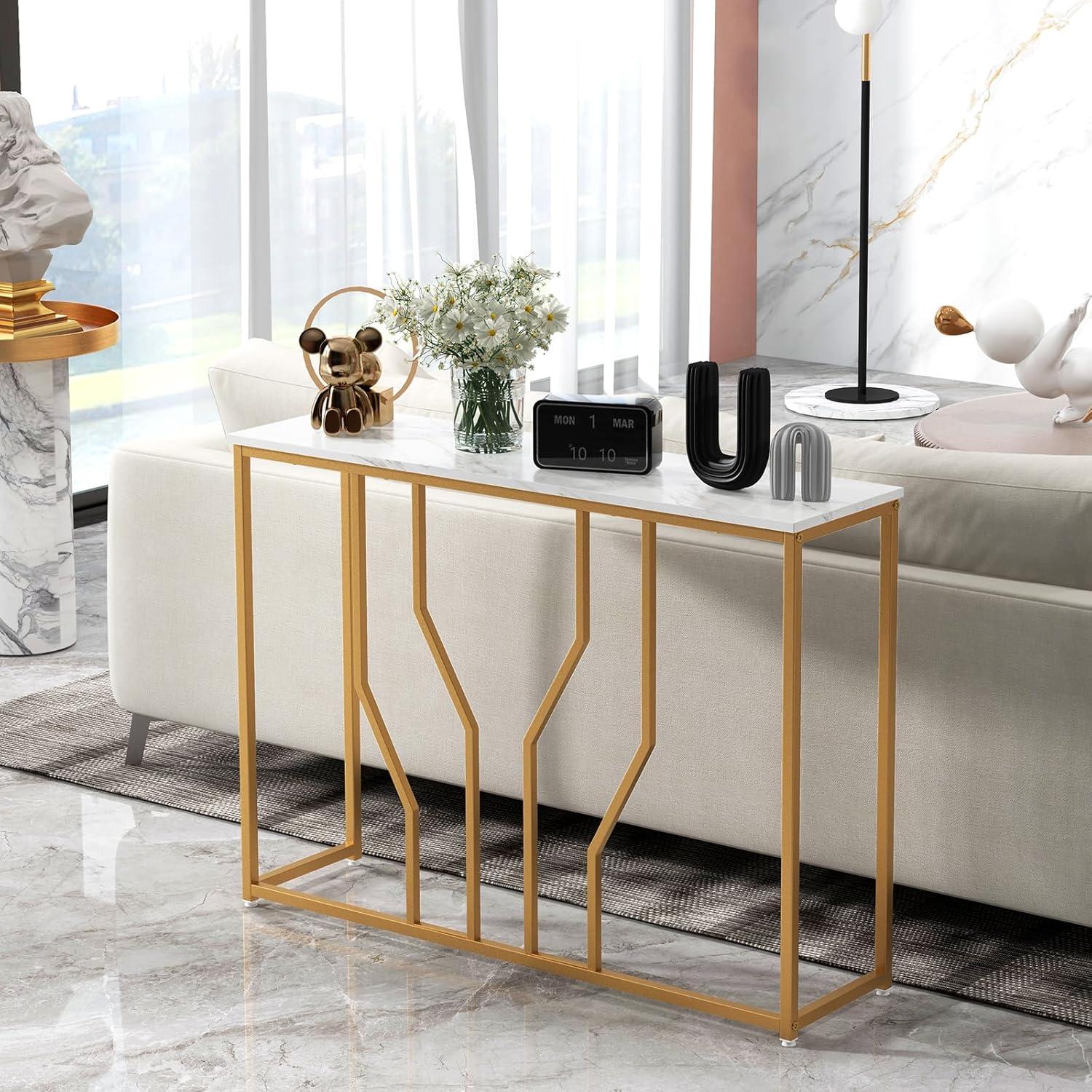 Kadyn Console Desk Table, Console Table, Entryway Table, Side Table, Display Table, 44 Inch Modern White Entryway Table with Faux Marble Tabletop-White
