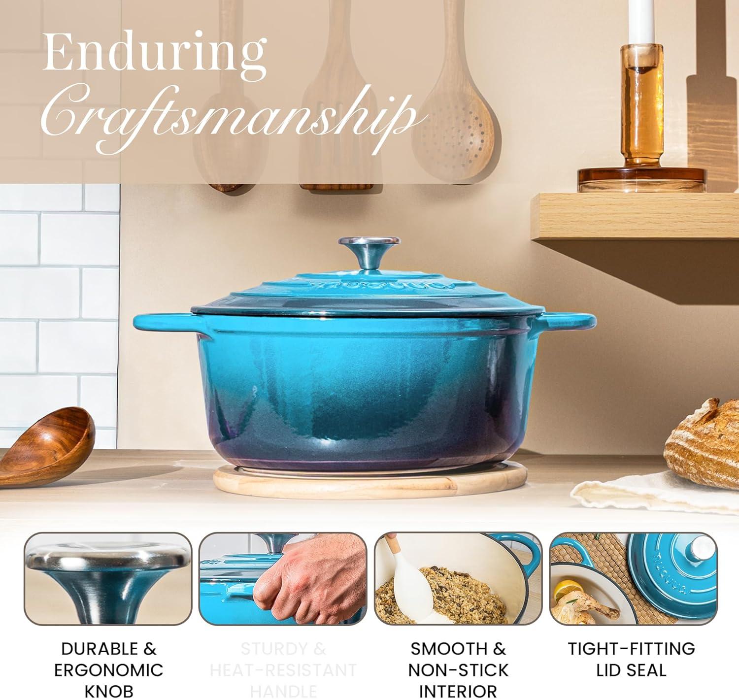 Nuovva Enamelled Cast Iron Dutch Oven Pot with Lid 6.4 Quart Non Stick Casserole Pot – Heavy Duty & Oven Safe up to 500° F for Bread Baking, Braising, Stews, Roasting – 28cm Light Blue