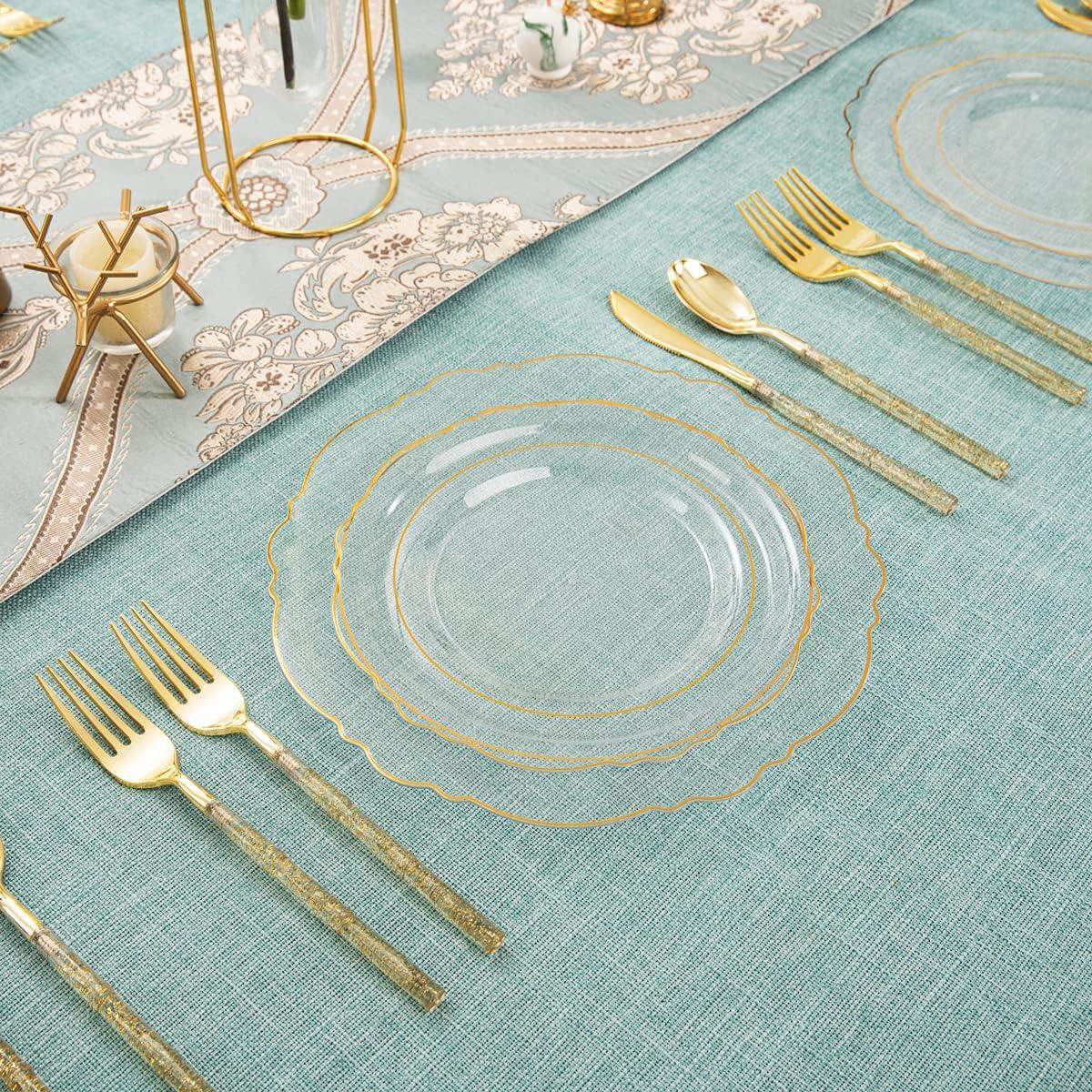 Elegant Clear Gold Baroque Disposable Plastic Plates and Cutlery Set