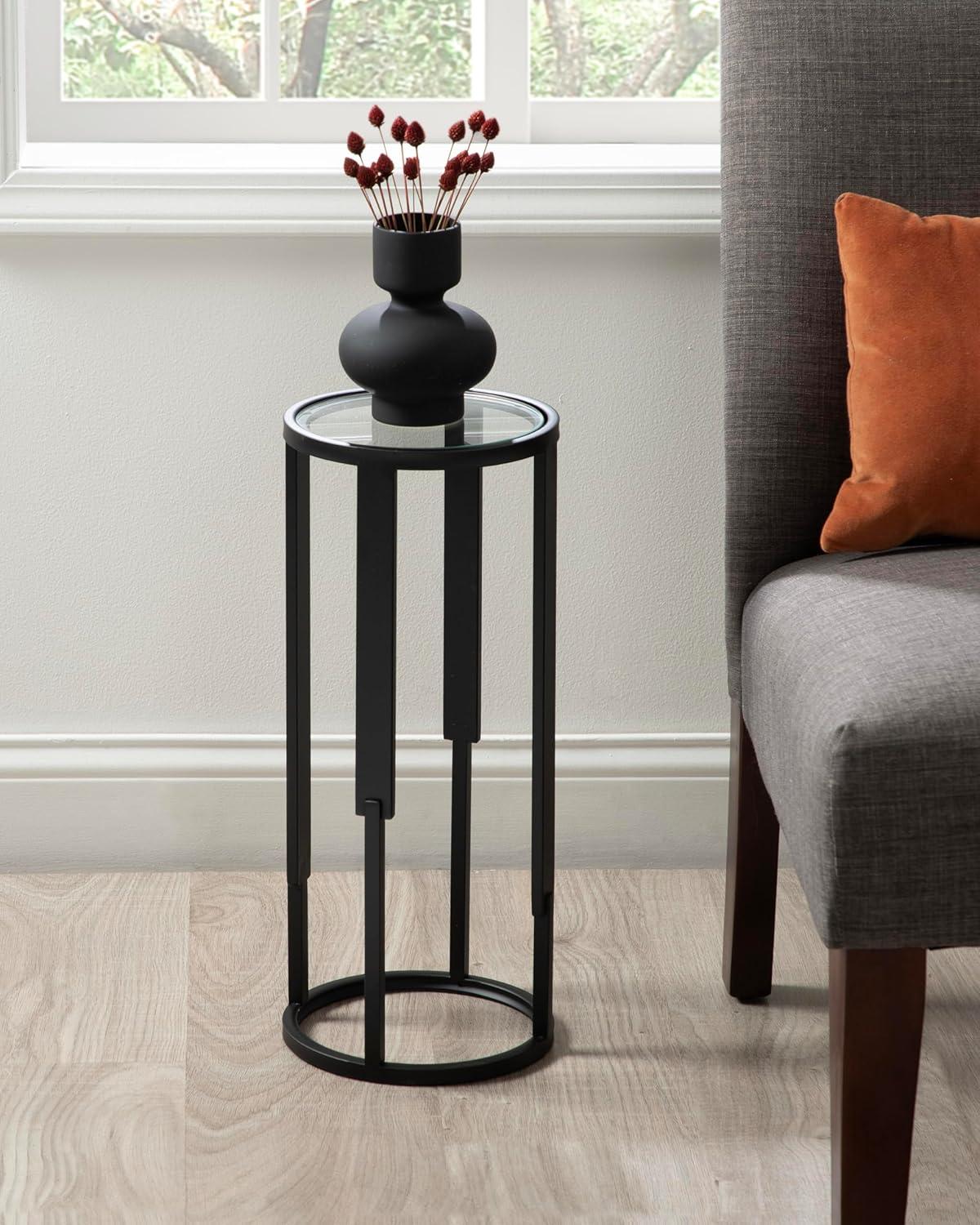 Kate and Laurel Ravalli Modern Drink Table, 9 x 9 x 20, Black and Clear Glass, Unique Round Tempered Glass Accent Pedestal Table for Use as Indoor Plant Stand