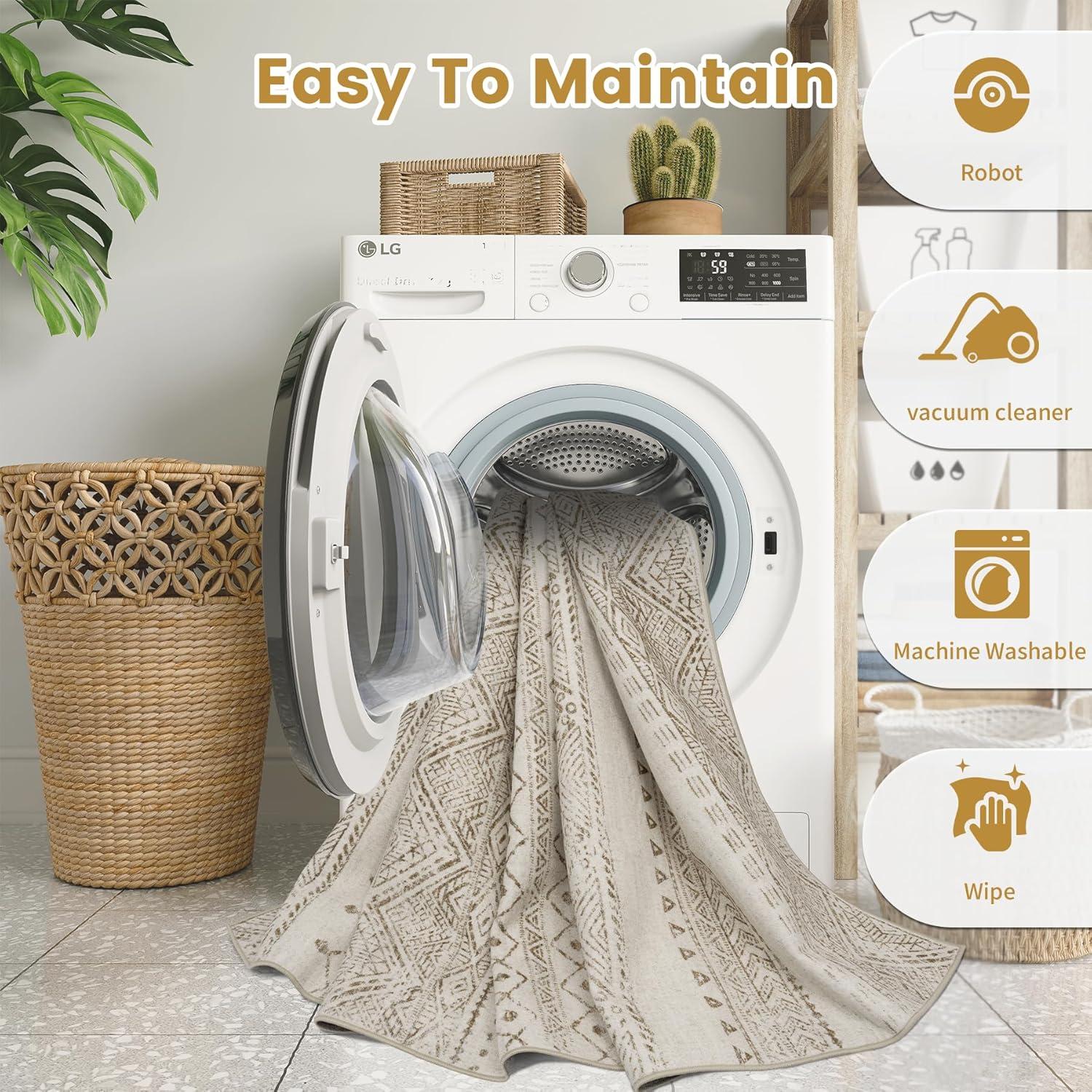 FairOnly 9'x12' Brown White Area Rugs Machine Washable Vintage Rugs for Bathroom Geometric Moroccan Ultra-Thin Area Rugs for Family Room Living Room Carpet