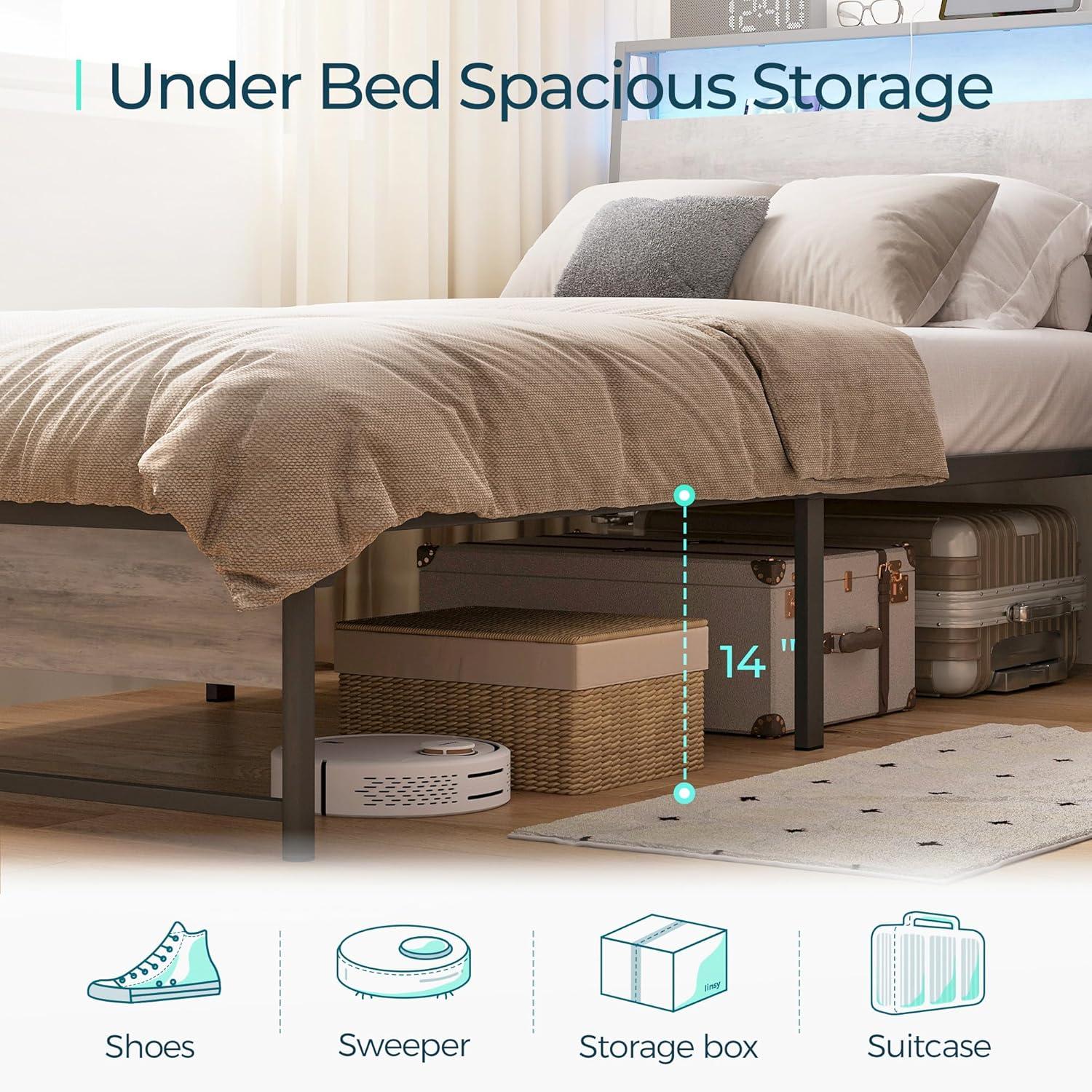 Linsy Home Queen Size Platform Bed Frame with Headboard and 3 Storage Shelves, Metal Bed with Lights, Outlets & USB, Light Grey, Mattress Not Included