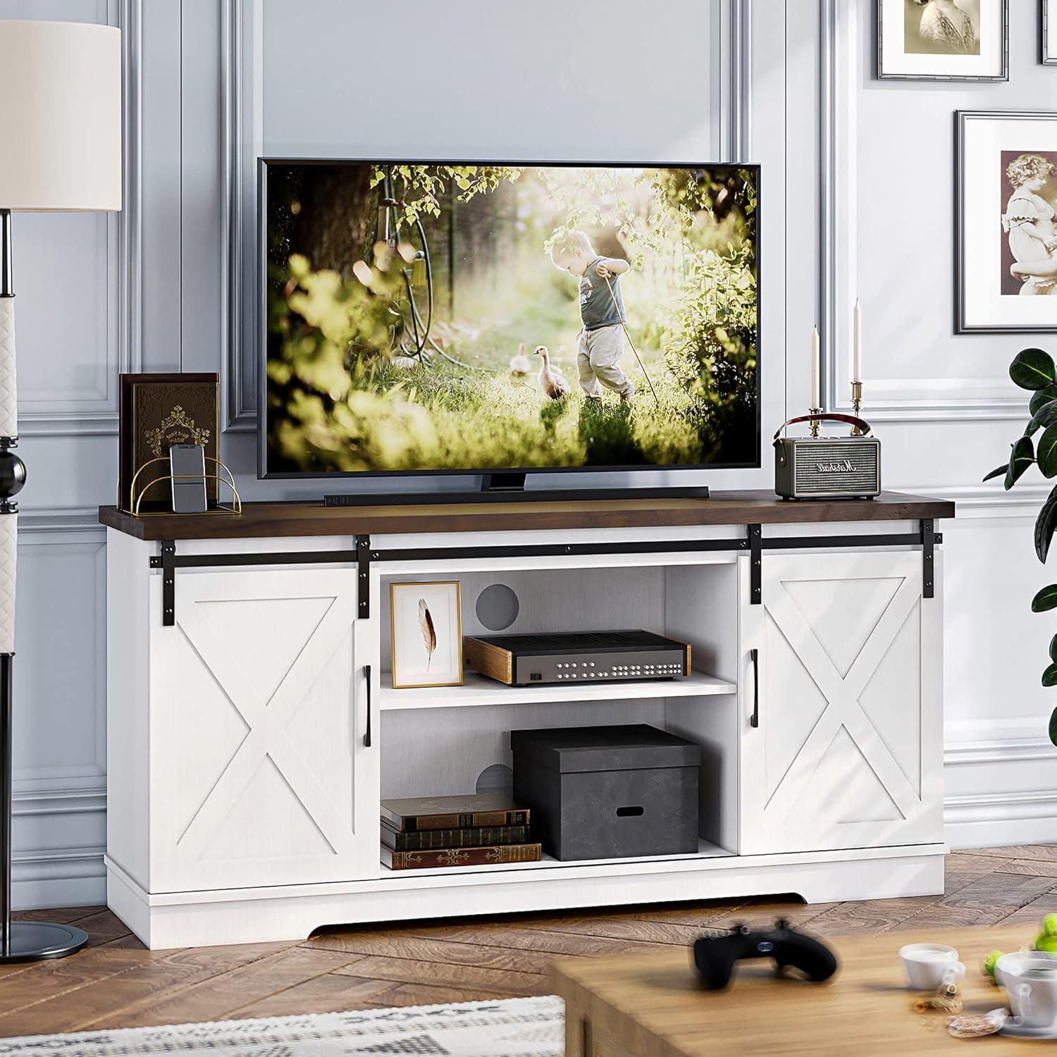 White Barn Door TV Stand with Storage Shelves