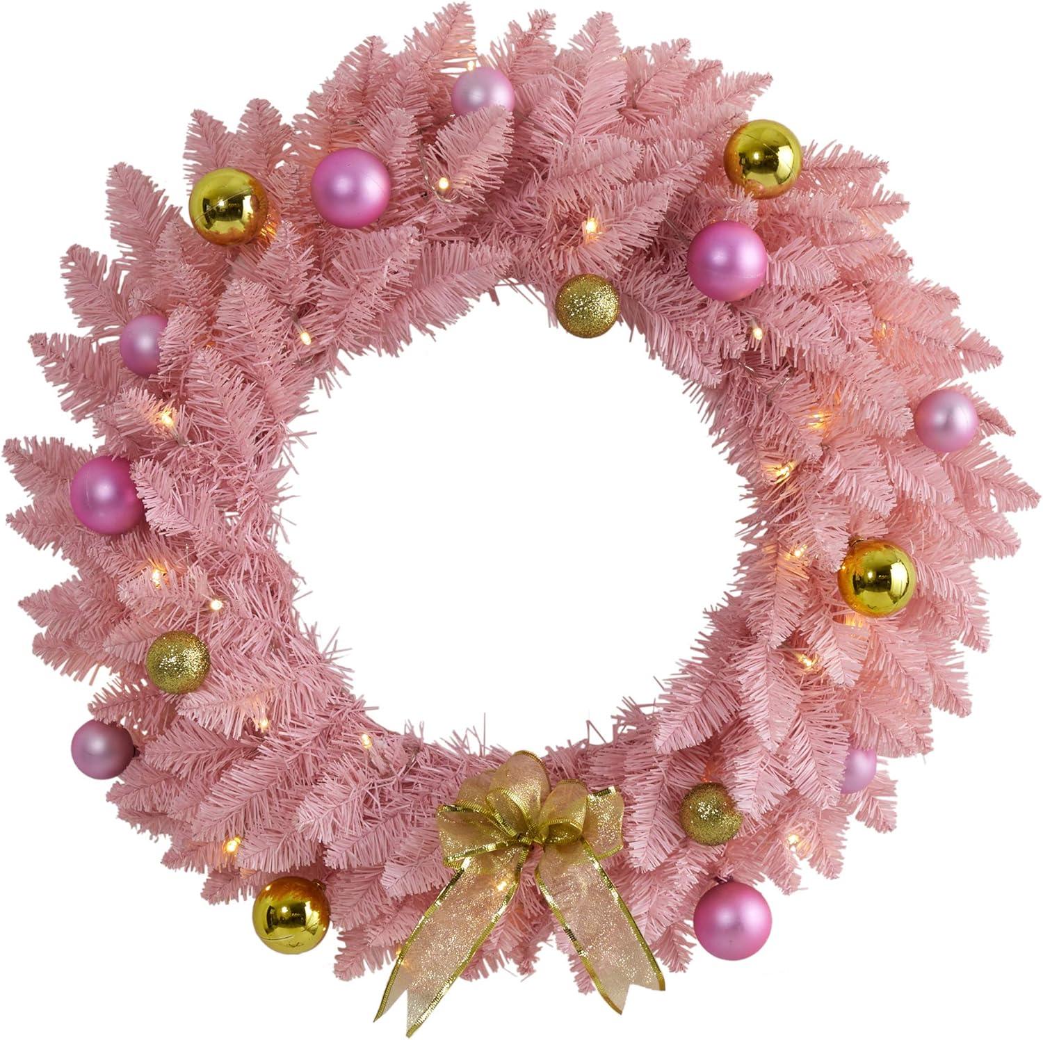 Nearly Natural 24" Pre-lit LED Pine Artificial Christmas Wreath Pink with Warm White Lights